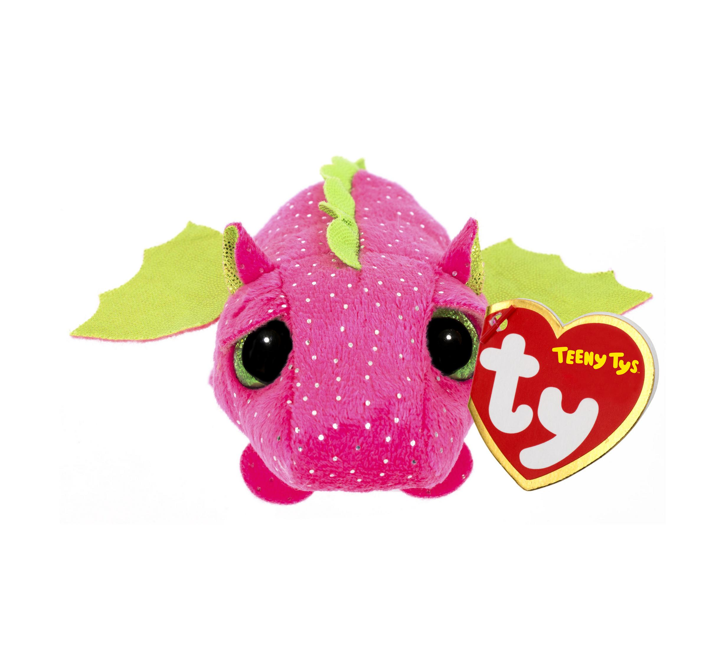 Ein rosa Drachen-Plüschtier mit großen Augen und einem TY-Etikett.