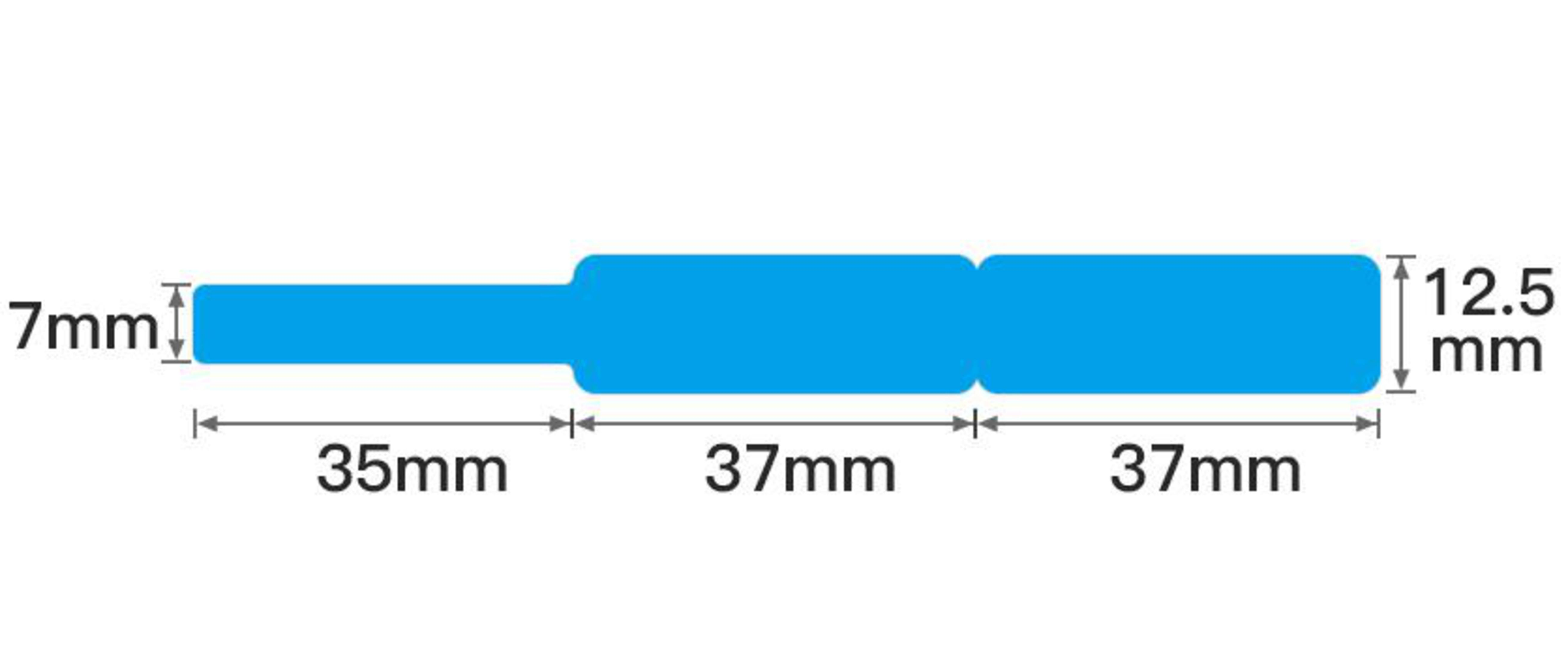 Blauer, länglicher Aufkleber mit Maßen: 7 mm breit, 35 mm, 37 mm, 37 mm lang und 12,5 mm hoch.