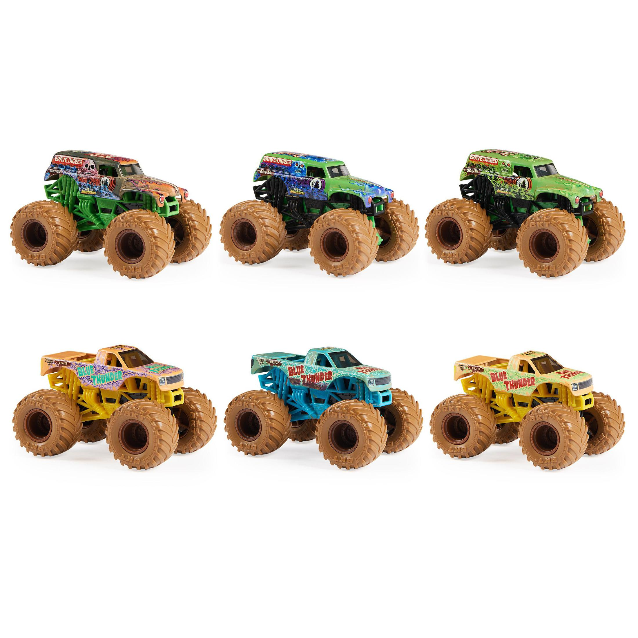 Sechs Spielzeug-Monster-Trucks in verschiedenen Farben: grün, blau, orange, gelb und verschiedene Logos darauf.