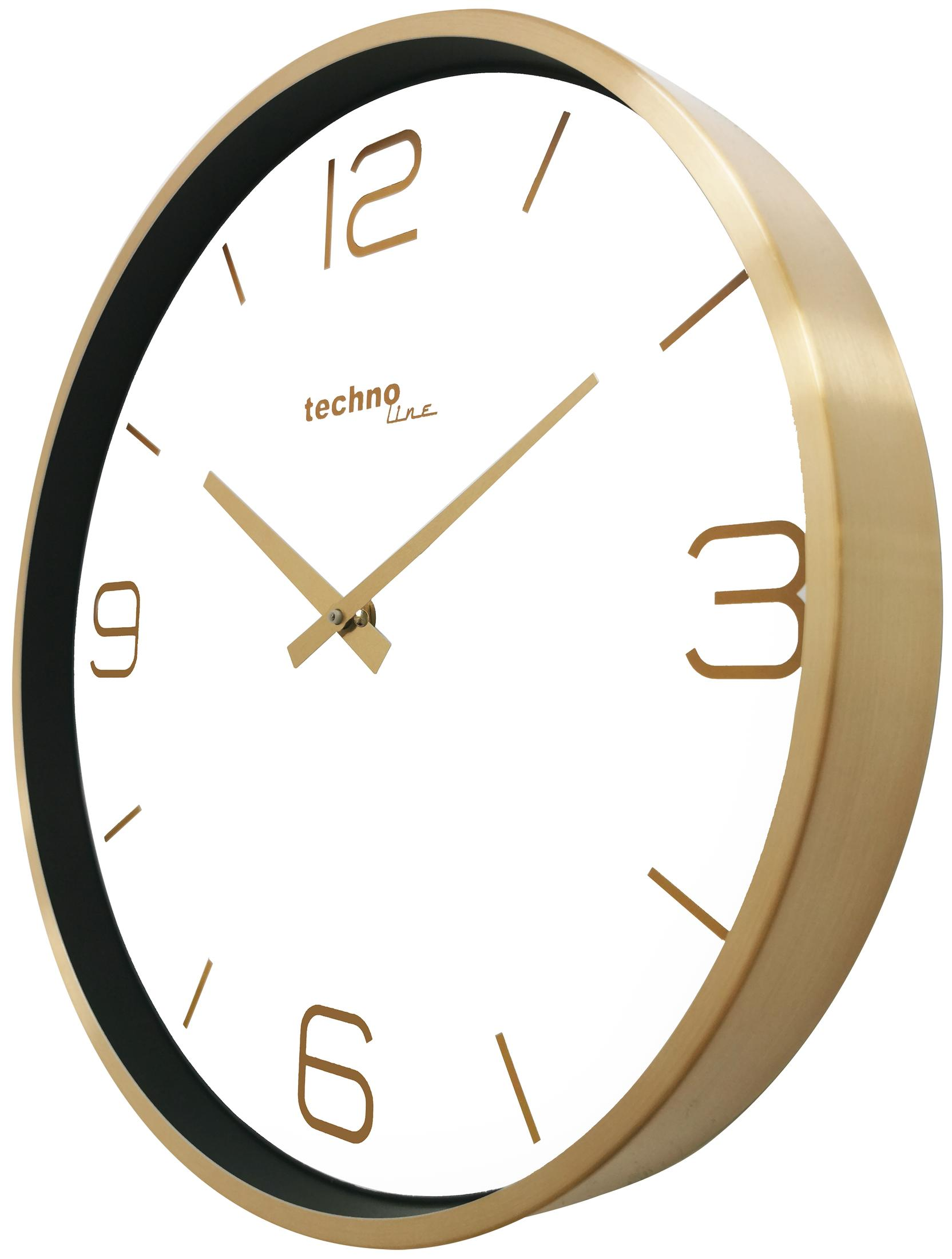 Goldfarbene Wanduhr mit schwarzem Rand und goldenen Zeigern und Ziffern.