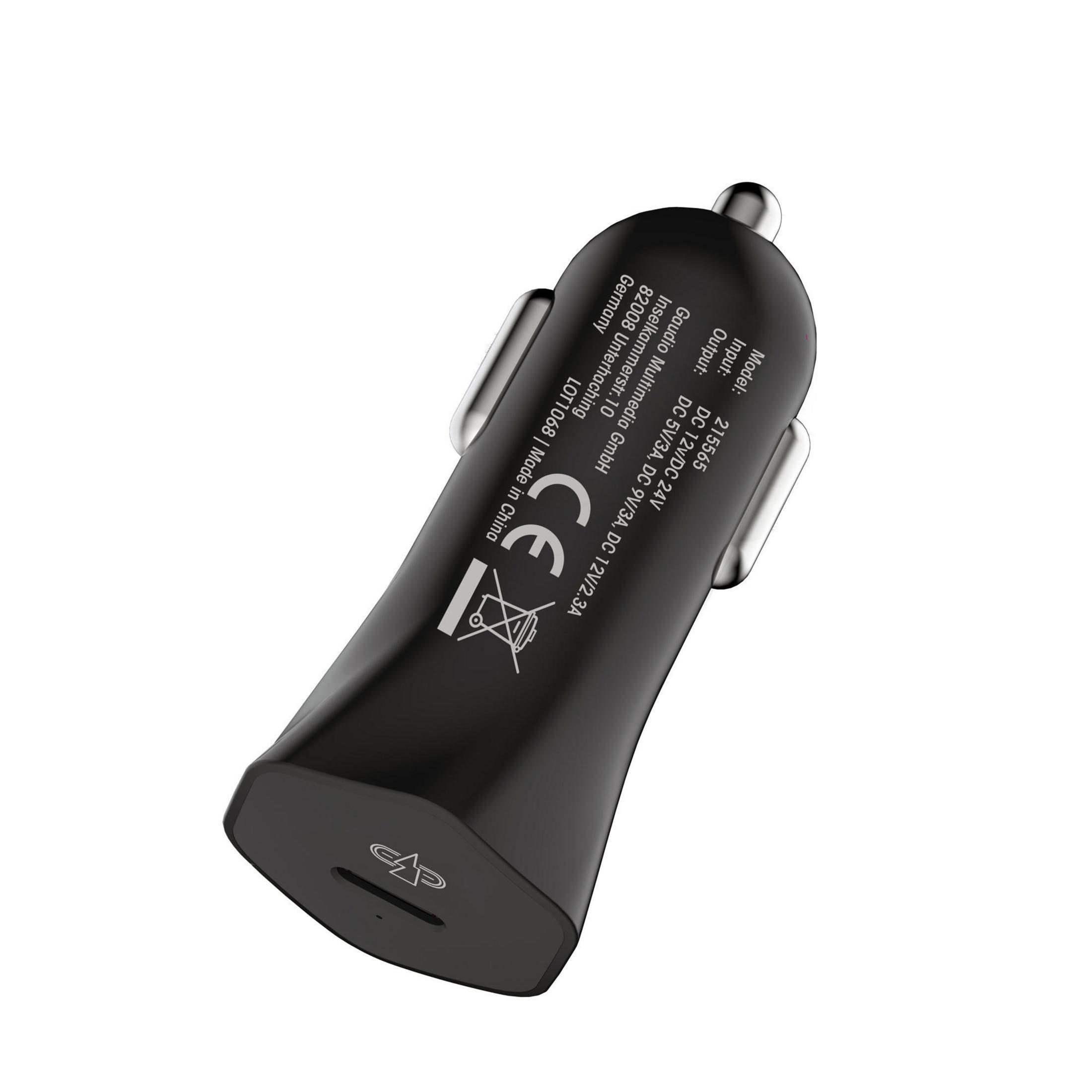 Ein schwarzes Autoladegerät auf weißem Hintergrund. Es hat einen USB-Anschluss und der Markenname ist darauf angegeben.