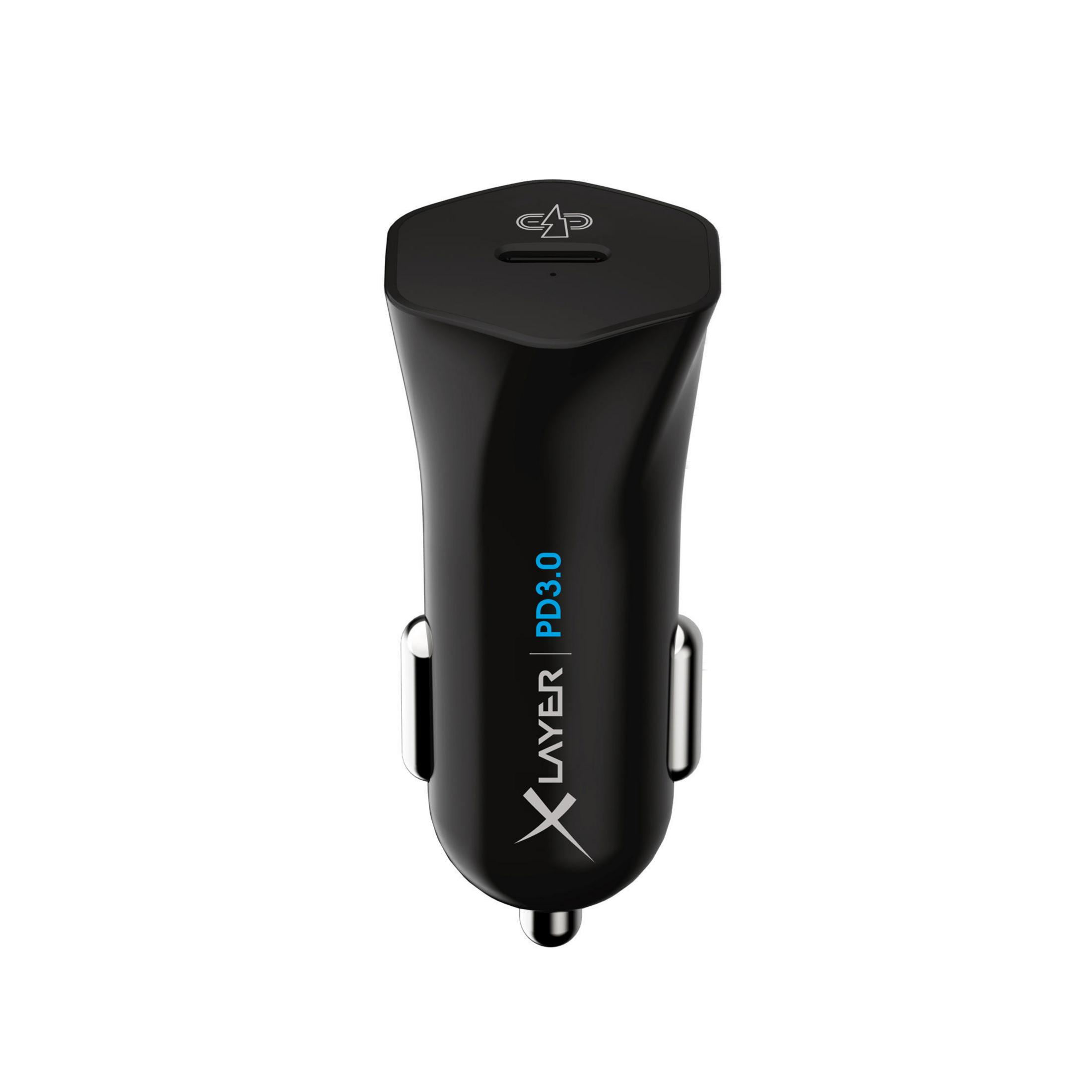 Schwarzes Autoladegerät mit X-Layer-Branding. Es hat einen USB-Anschluss und ein blaues PD3.0-Etikett.