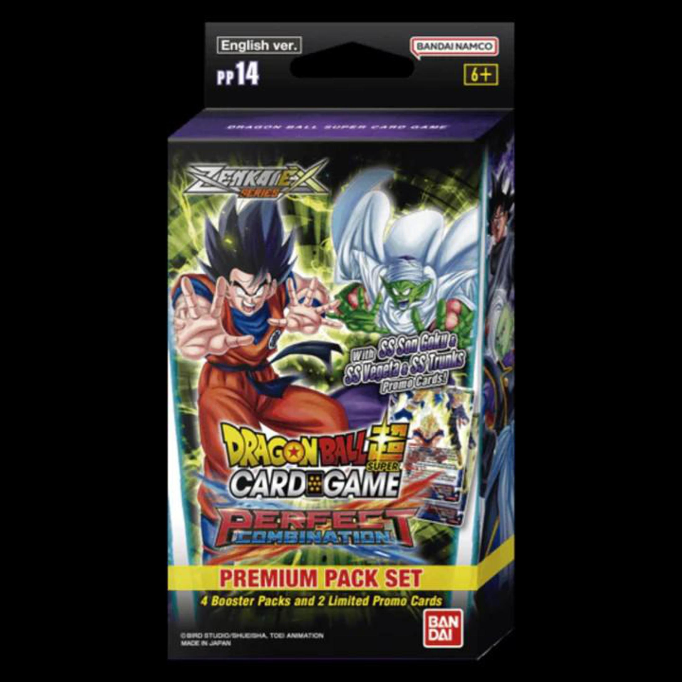 Ein Dragon Ball Super Kartenspiel-Pack mit Goku und Piccolo. Die Box trägt den Text 'Premium Pack Set'.