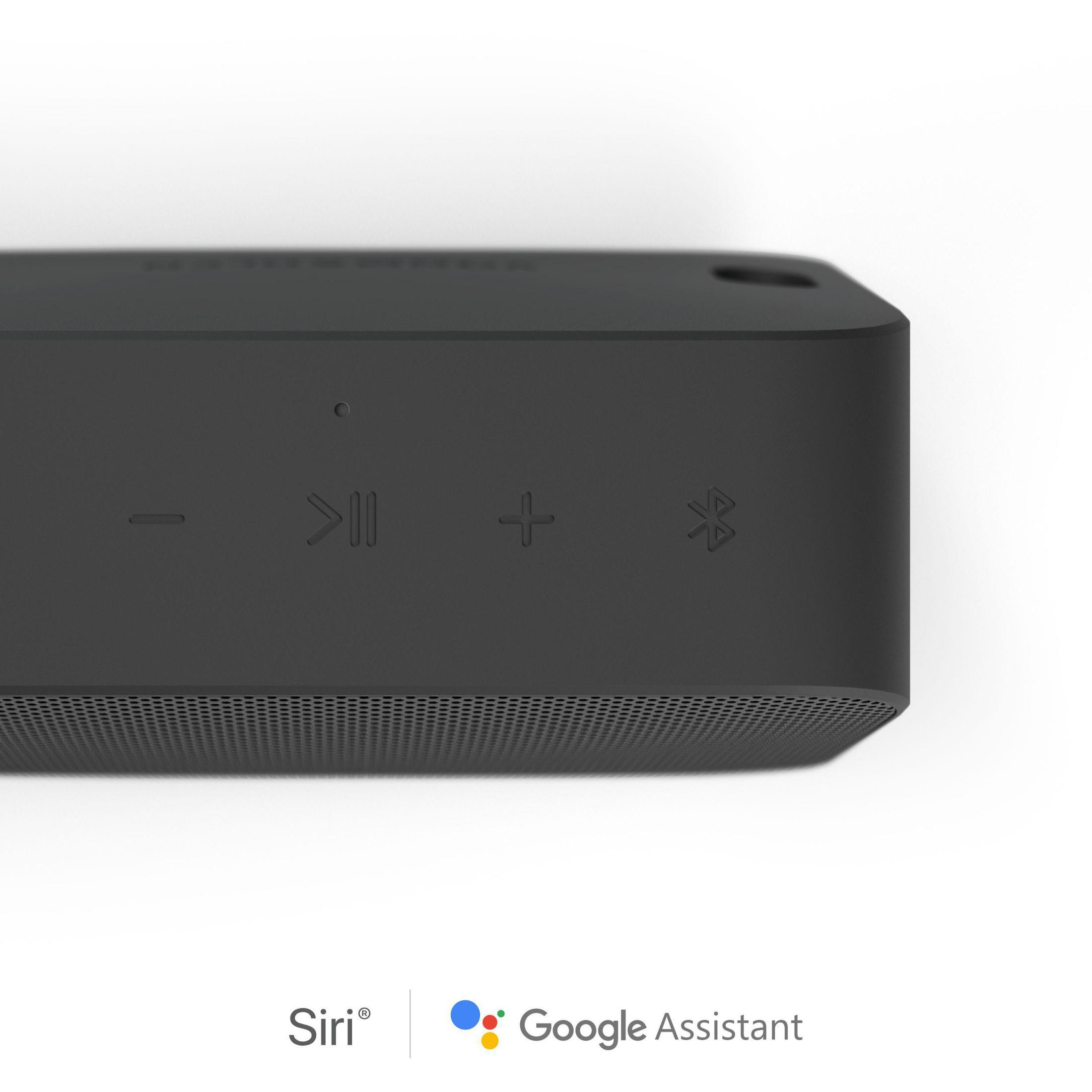 Nahaufnahme eines schwarzen Lautsprechers mit Bedienelementen und den Logos von Siri und Google Assistant.