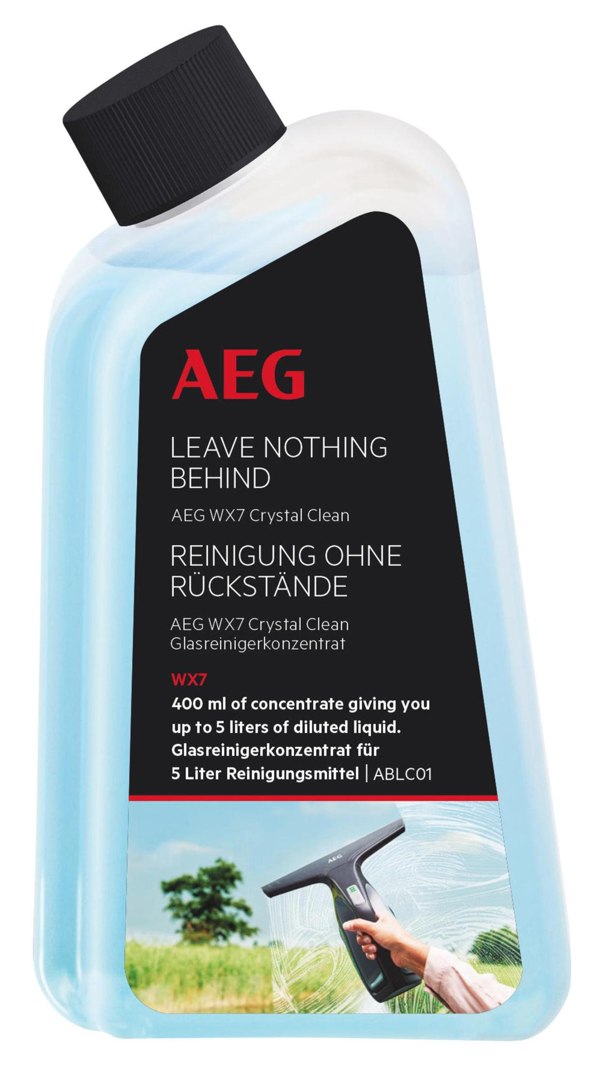 Eine Flasche AEG Fensterreiniger mit schwarzem Deckel und Text in mehreren Sprachen.