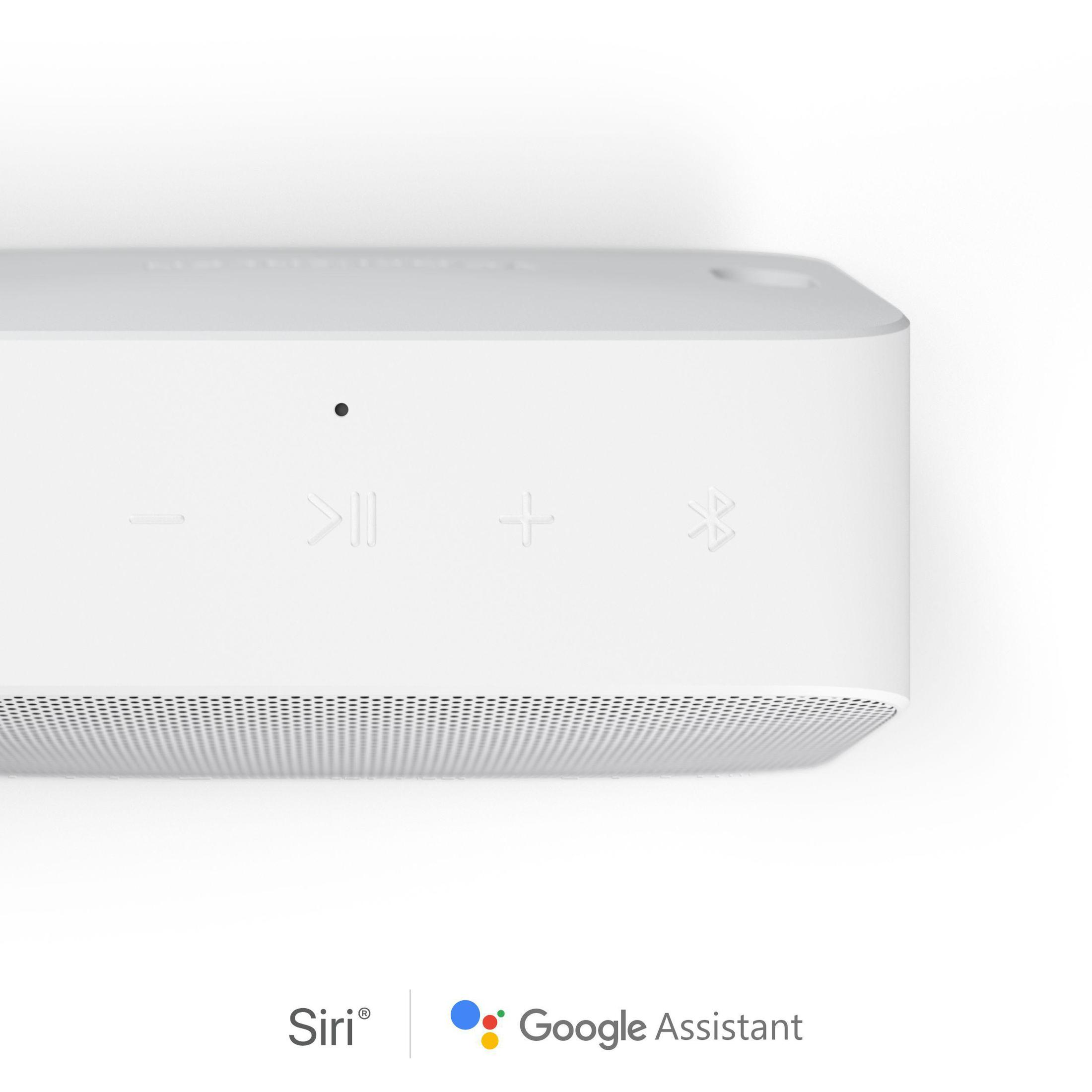 Ein weißer Lautsprecher mit Knöpfen. Siri- und Google Assistant-Logos unten.