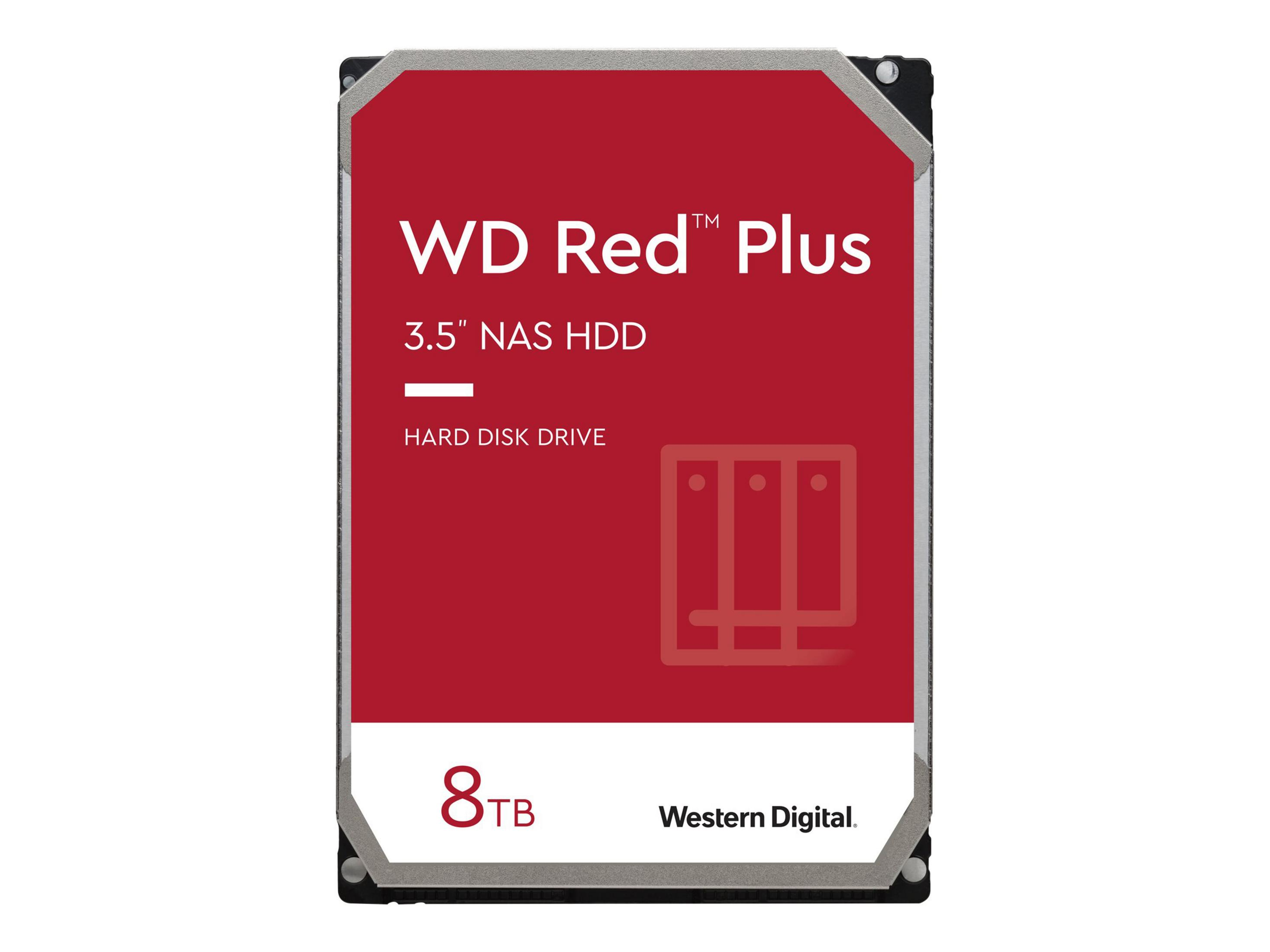 Disco rigido rosso e argento. Testo: WD Red Plus, 8 TB.