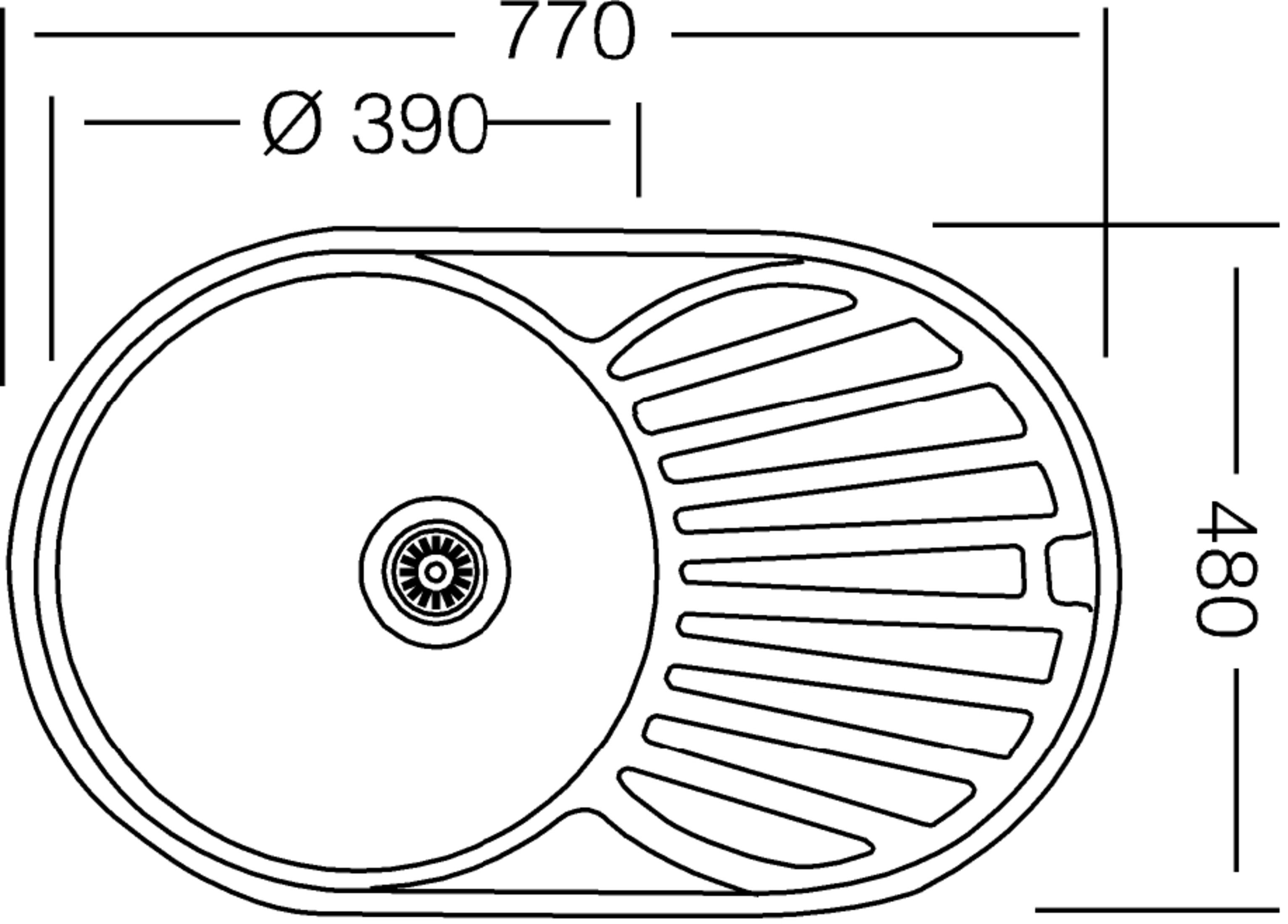 Diagramm eines Waschbeckens mit rundem Becken und Abtropffläche.