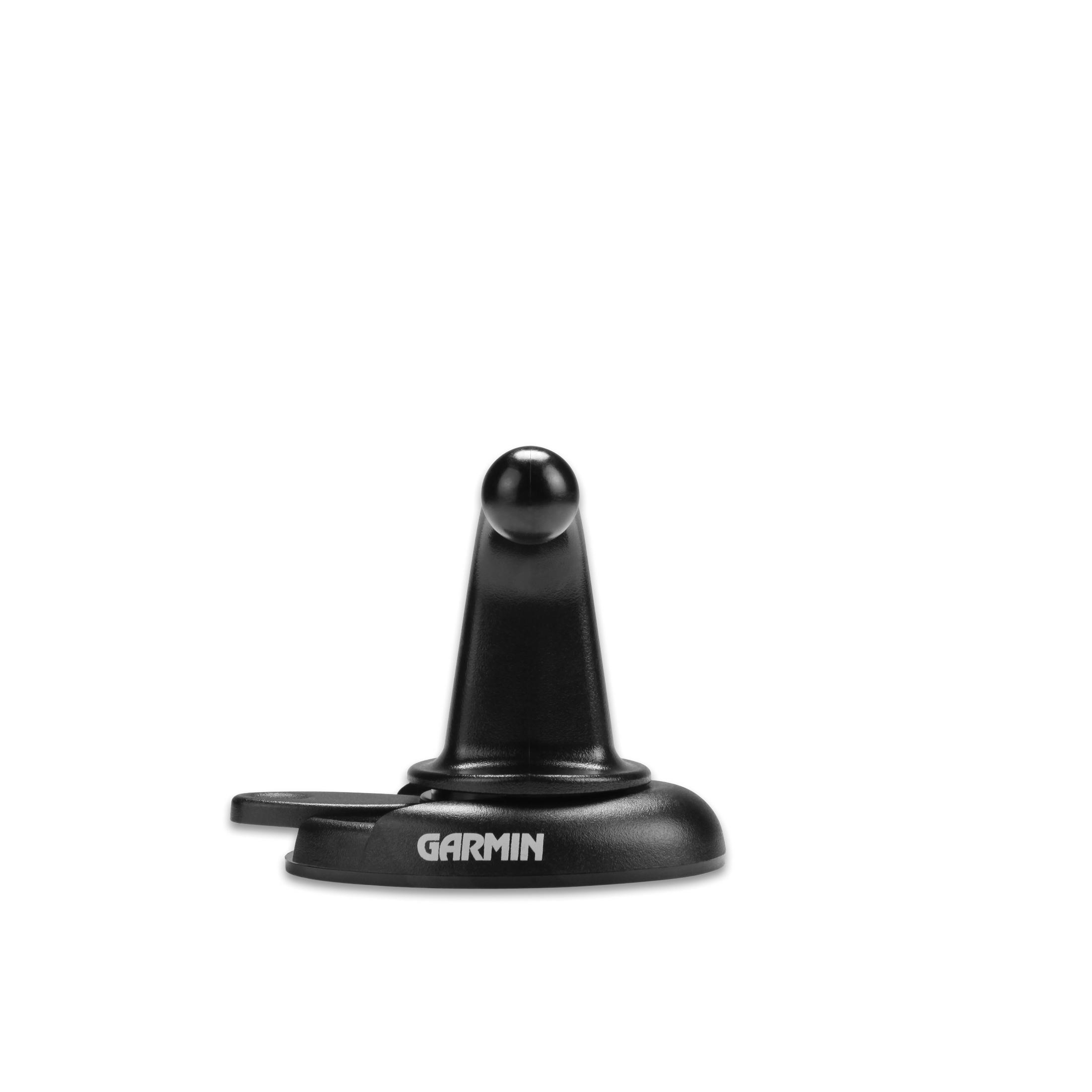 Schwarze Garmin GPS-Halterung. Kugelkopf und flache Basis mit Garmin-Logo.