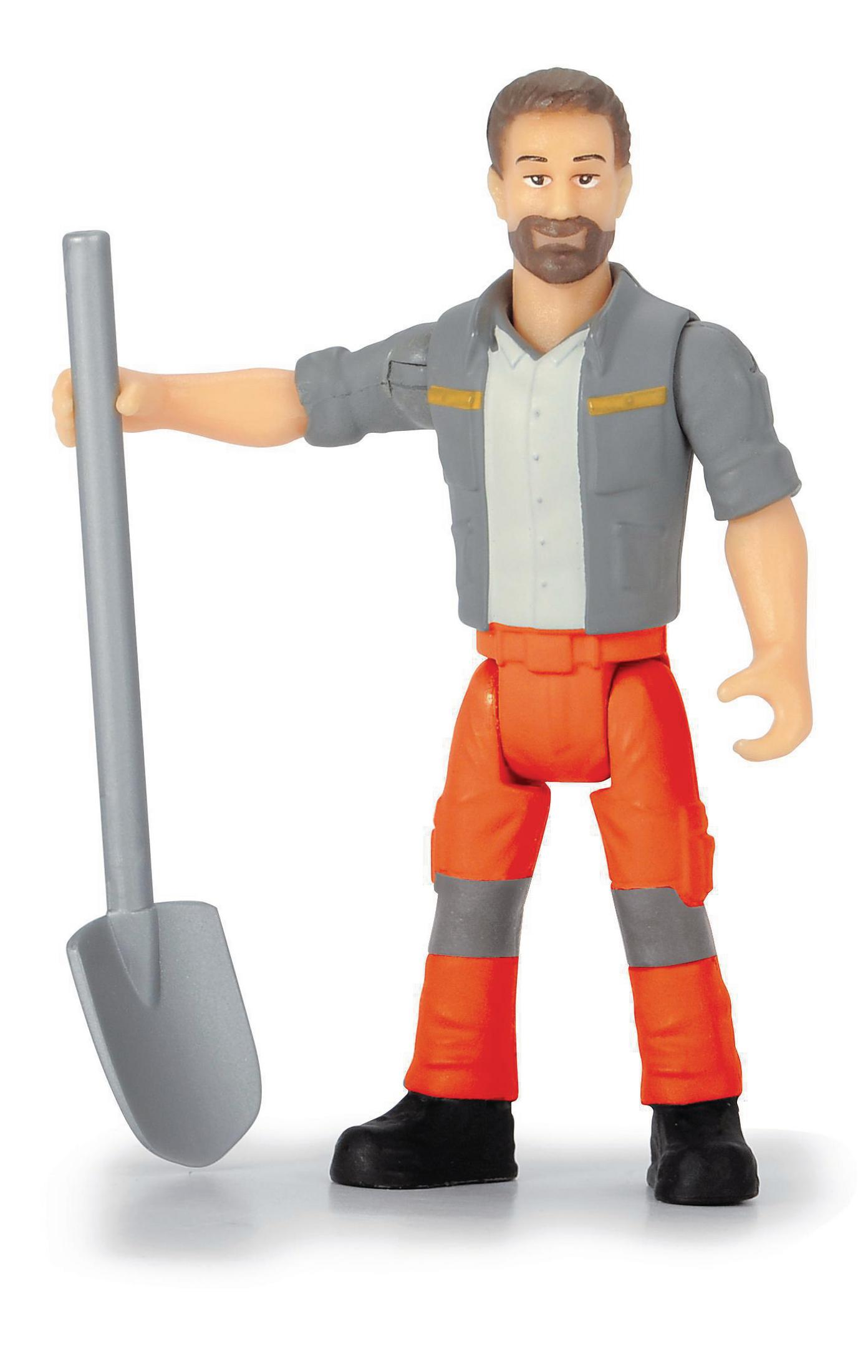 Una figura giocattolo di un lavoratore che tiene una pala, vestita con abiti da lavoro grigi e arancioni.