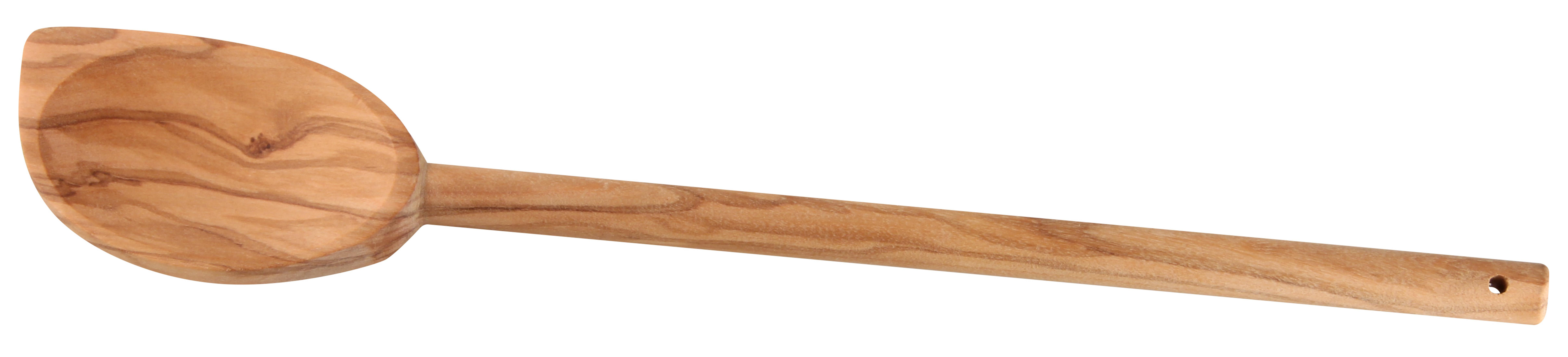 Holzlöffel aus Olivenholz. Er hat einen langen Stiel und eine geschwungene Schaufel.