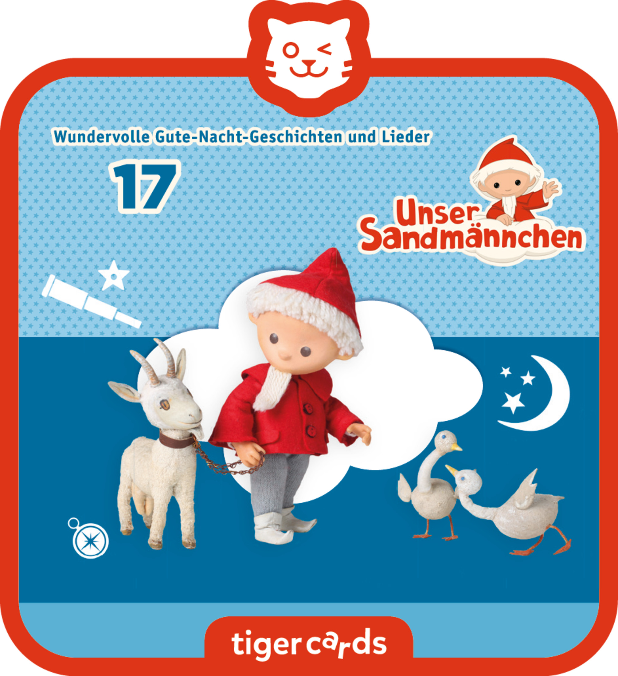Eine Kinderkarte mit einer Sandmann-Figur, einer Ziege und zwei Gänsen. Blauer Hintergrund.