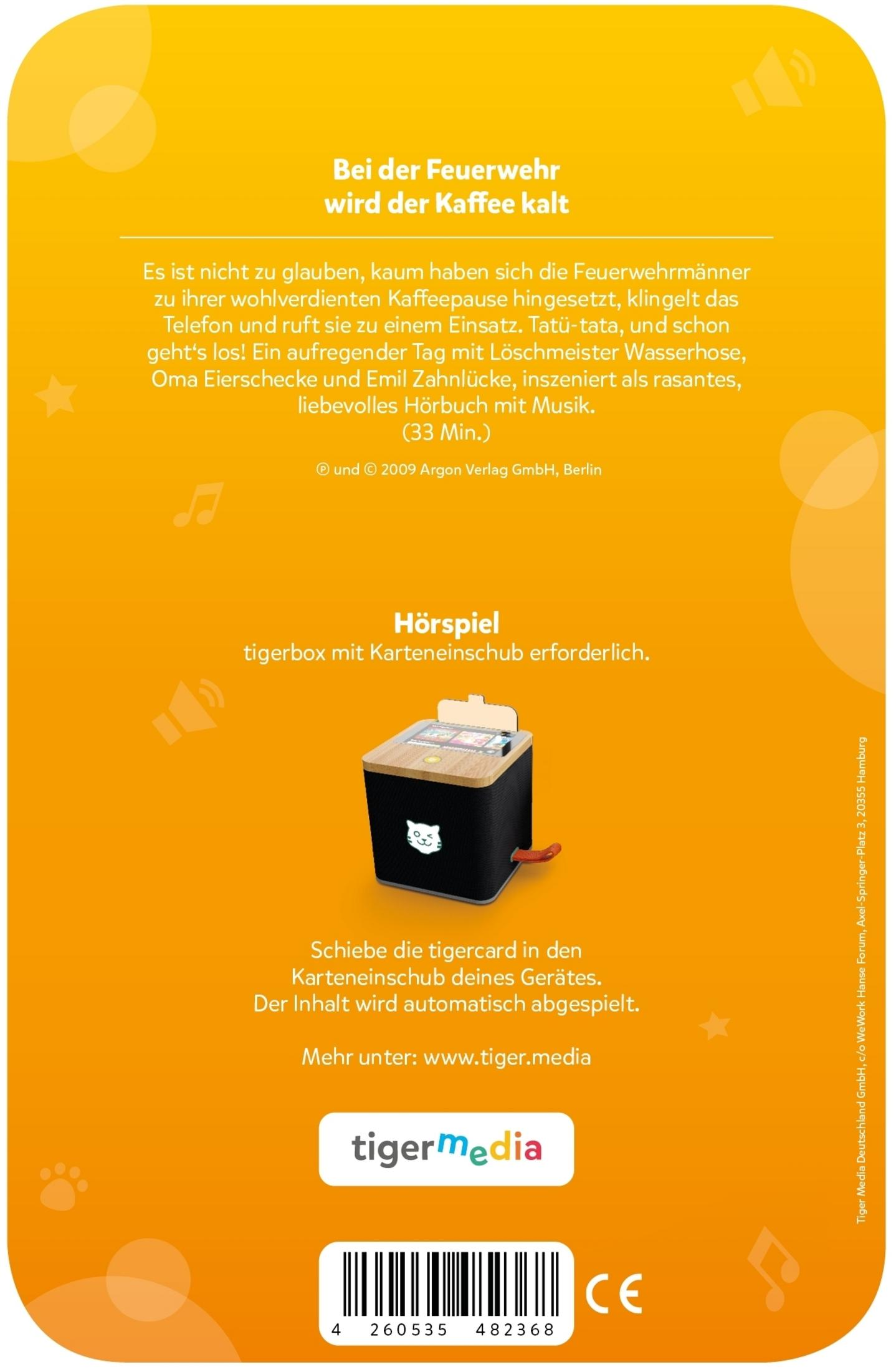 Die Rückseite einer Produktverpackung, orangefarbener Hintergrund, Text über ein Kinderhörbuch.