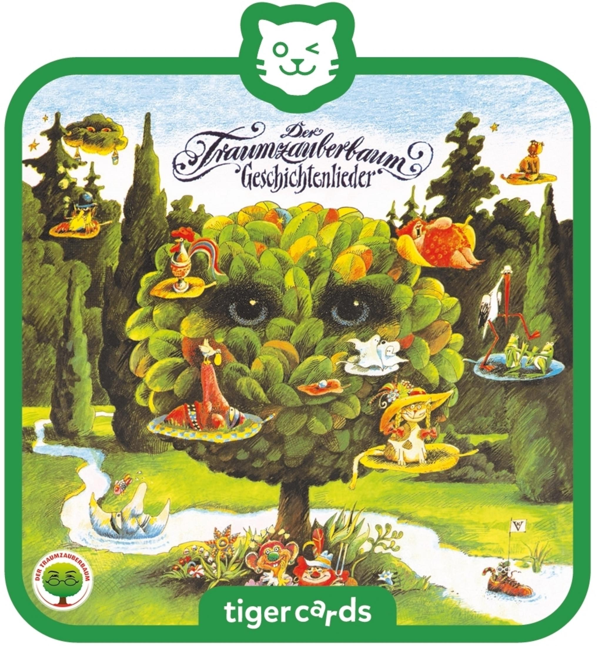 Eine Tiger Cards Karte mit einem Baumgesicht, umgeben von Zeichentrickfiguren, auf grünem Hintergrund.