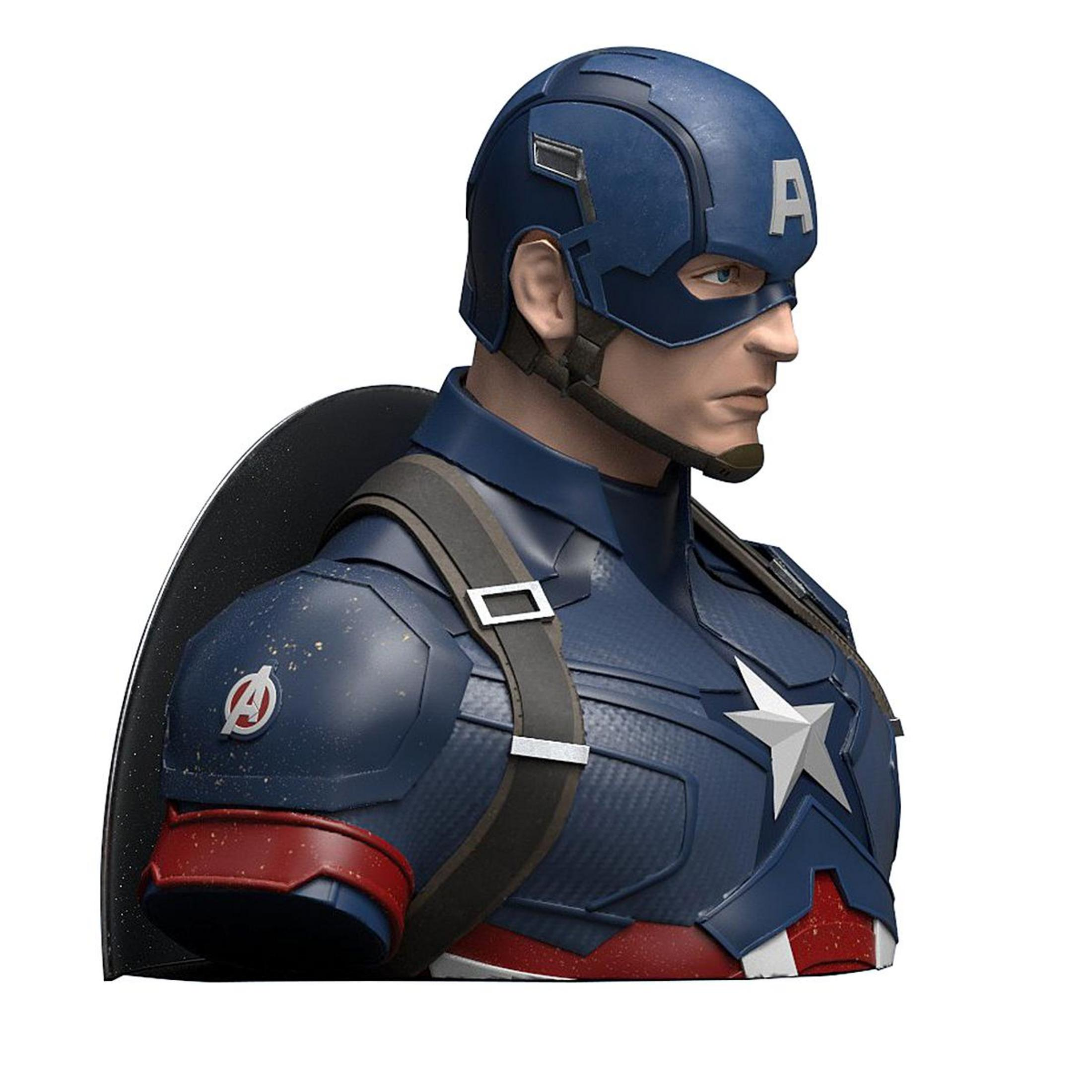 Eine Büste von Captain America in seinem blau-roten Kostüm und Schild, isoliert auf Weiß.