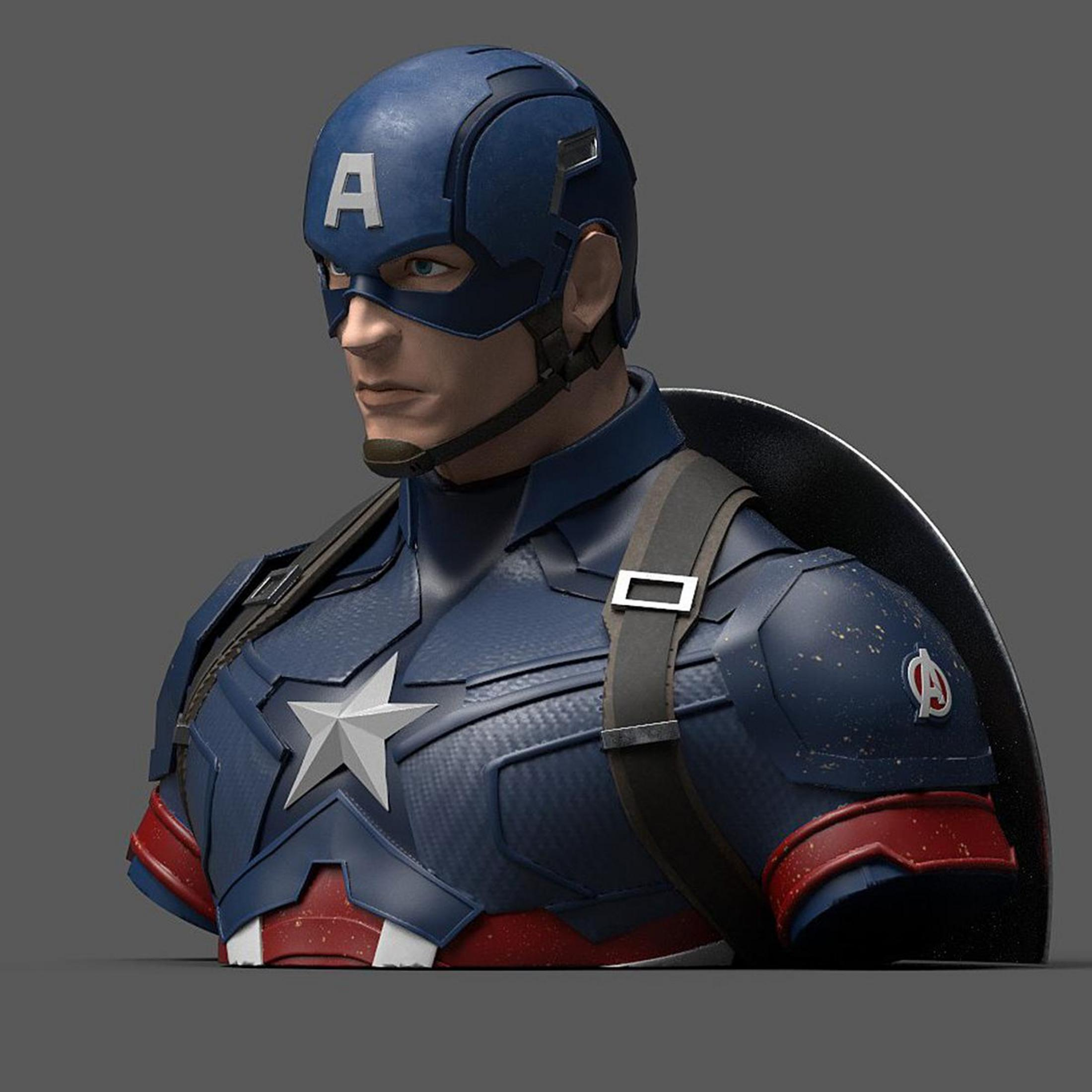 Captain America Büste, mit blauem Helm und Uniform, einem Stern auf der Brust und einem Schild.