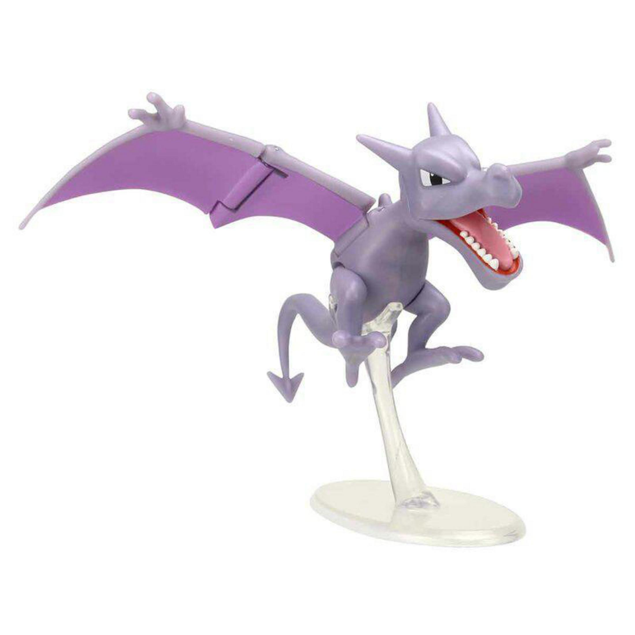 Lila Cartoon Pterodactyl-Spielzeug mit ausgebreiteten Flügeln, montiert auf einem durchsichtigen Ständer.