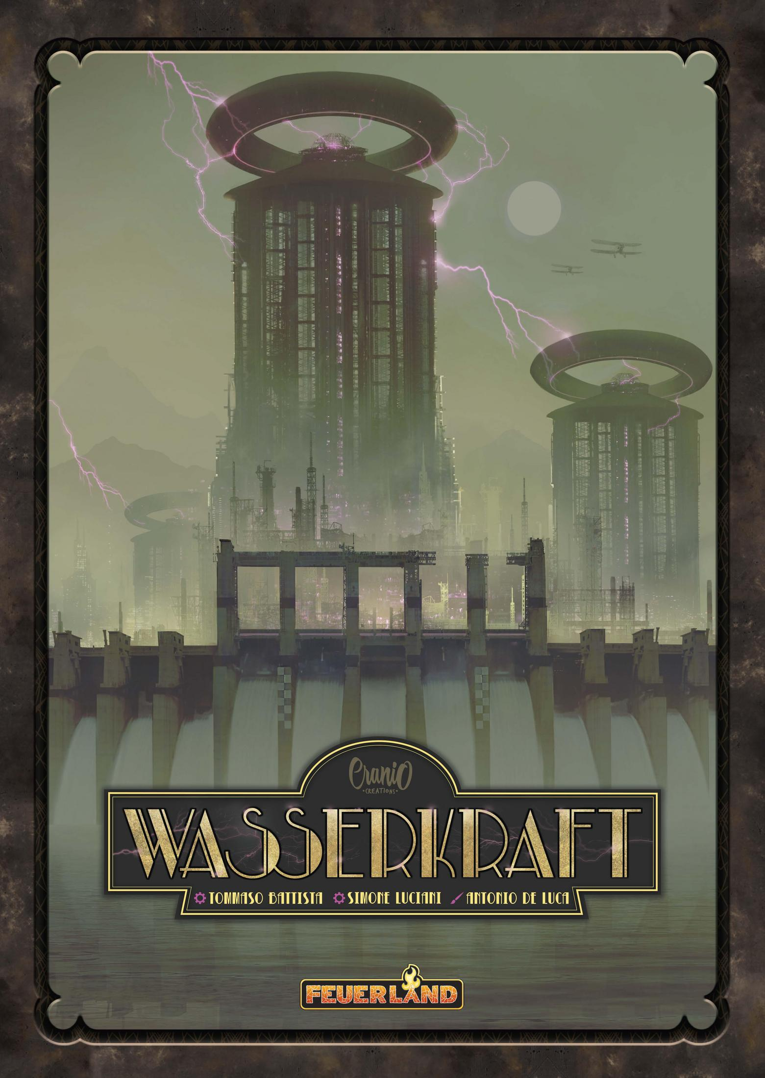 Copertina di un gioco da tavolo con una scena di città futuristica. Due grandi strutture con anelli, fulmini e acqua.