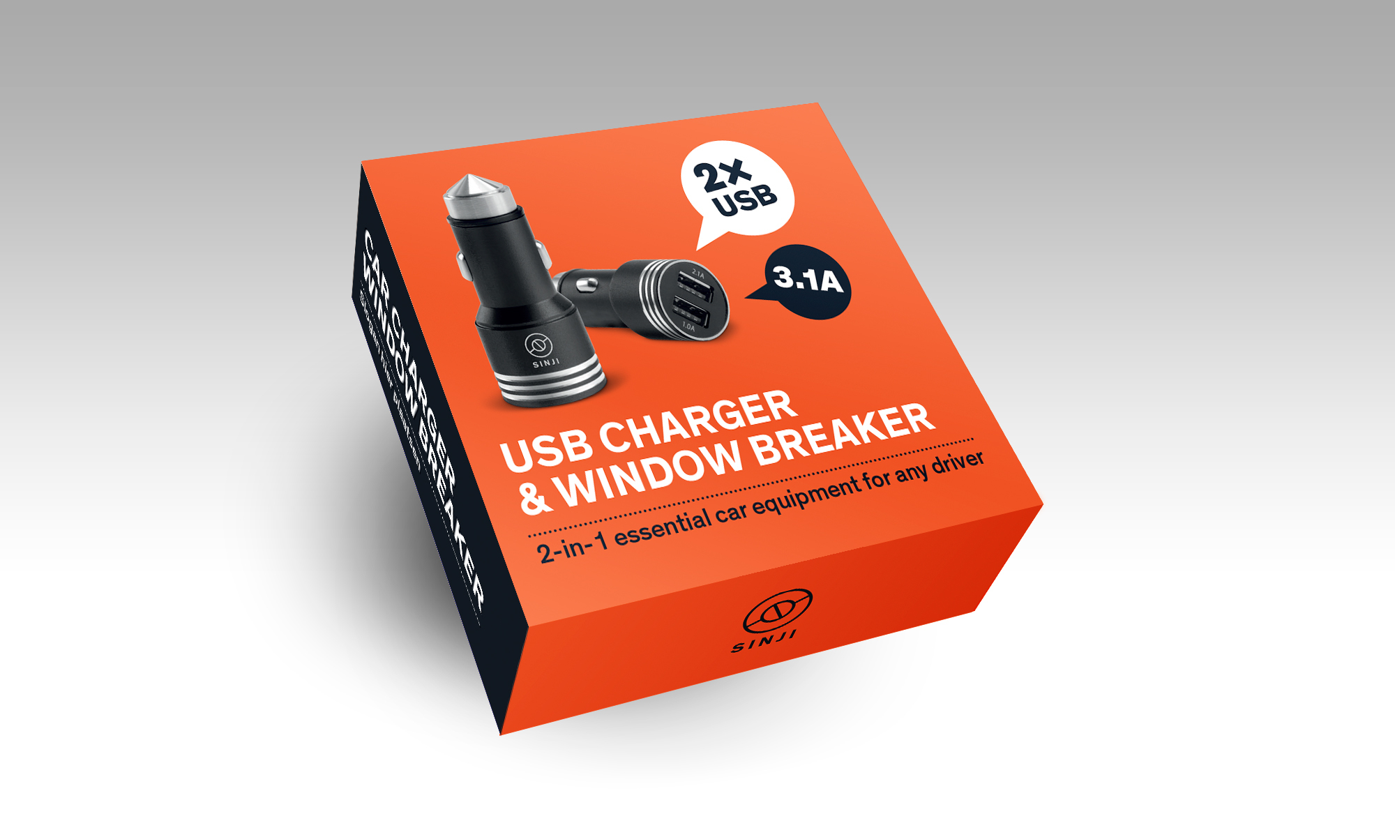 Scatola caricatore USB. Arancione e nero. Contiene caricatore e rompivetro.