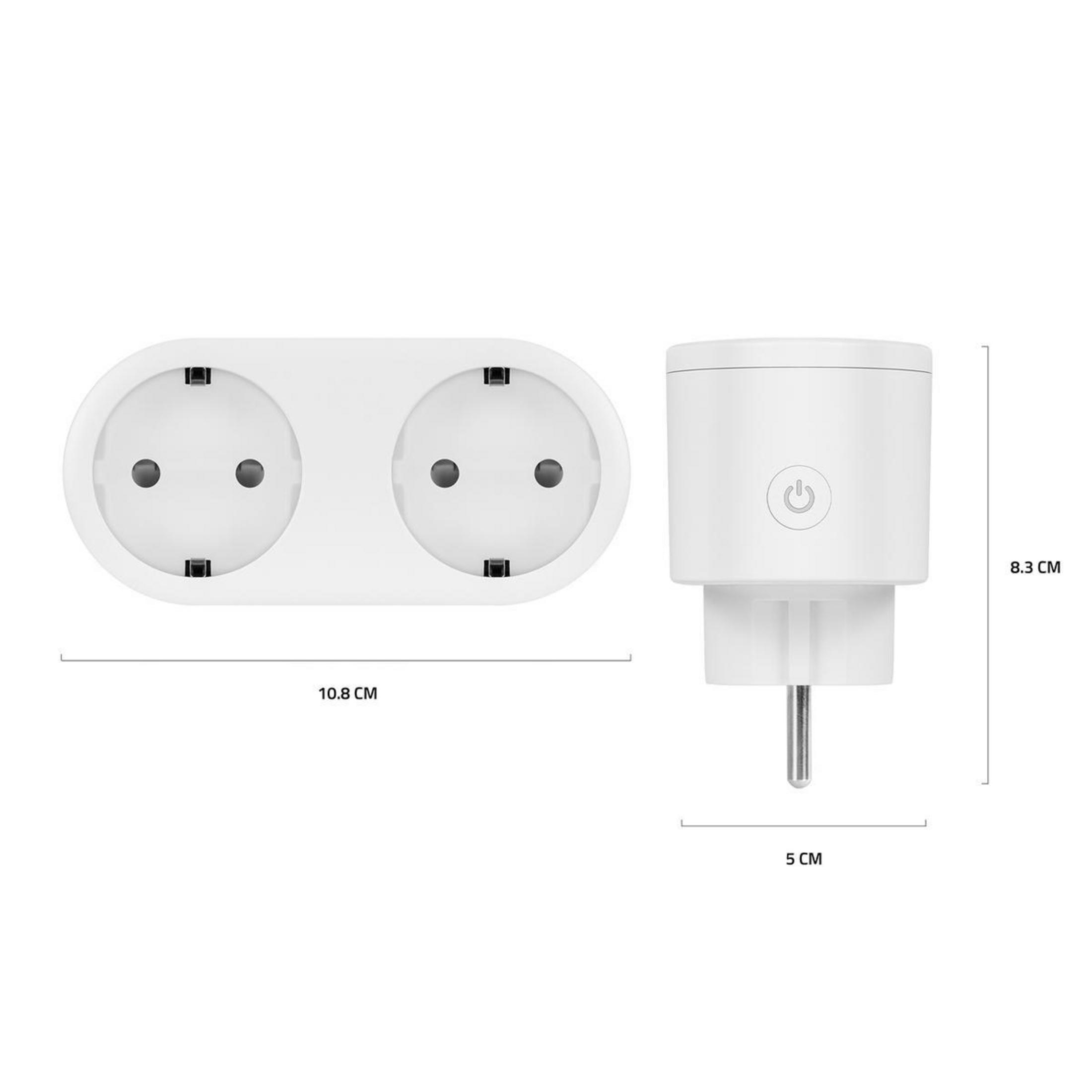 Zwei weiße Smart Plugs. Maße in Zentimetern angegeben.