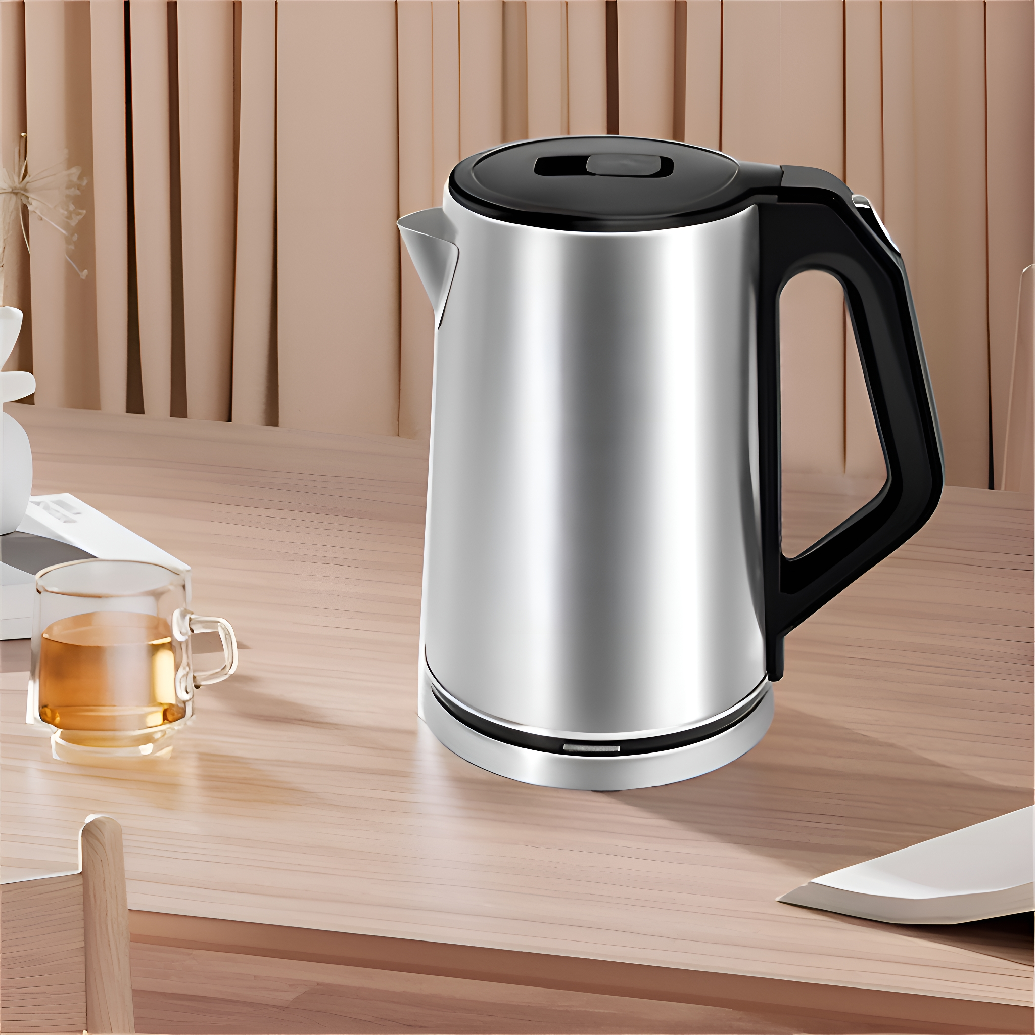 Silberner Wasserkocher mit schwarzem Griff auf einem Holztisch. Eine Tasse ist in der Nähe.