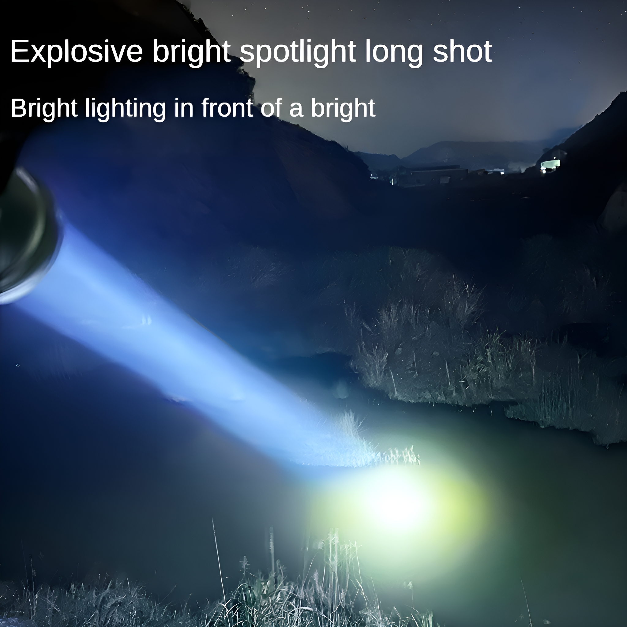 Ein Taschenlampenstrahl beleuchtet eine dunkle Landschaft über Wasser mit einem hellen Punkt.