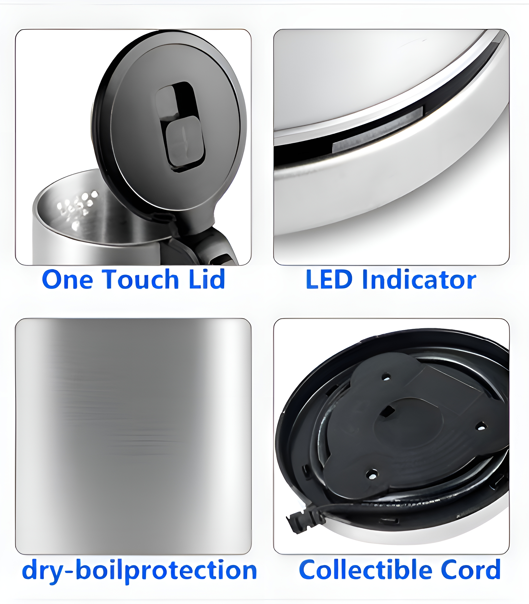 Bilder einer Kanne mit Merkmalen: Deckel, LED, Trockengehschutz und Kabel.