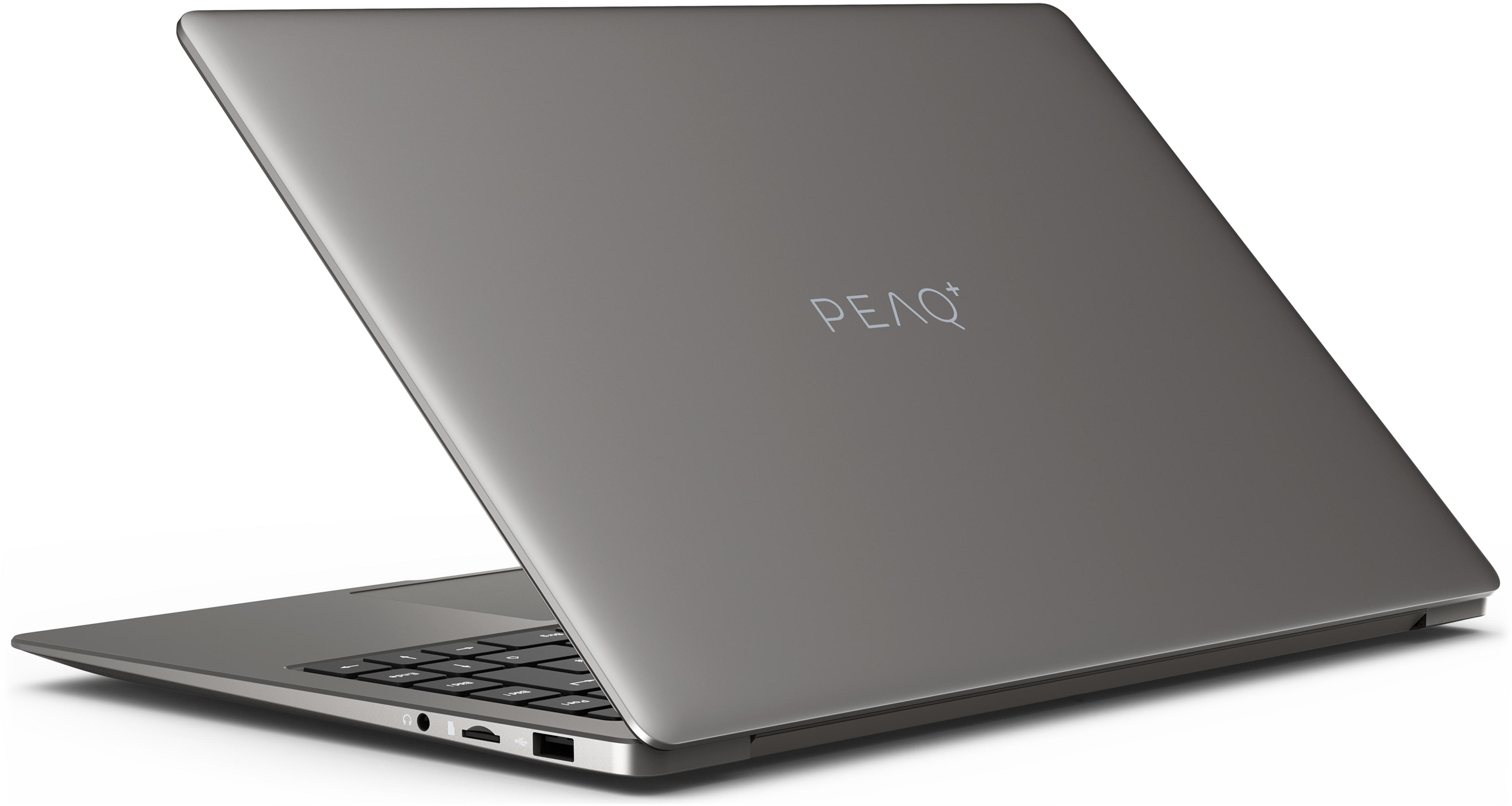 Grauer Laptop, geöffnet. Der Bildschirm ist angewinkelt und zeigt das PEAQ+-Logo. Tastatur und Anschlüsse sind sichtbar.