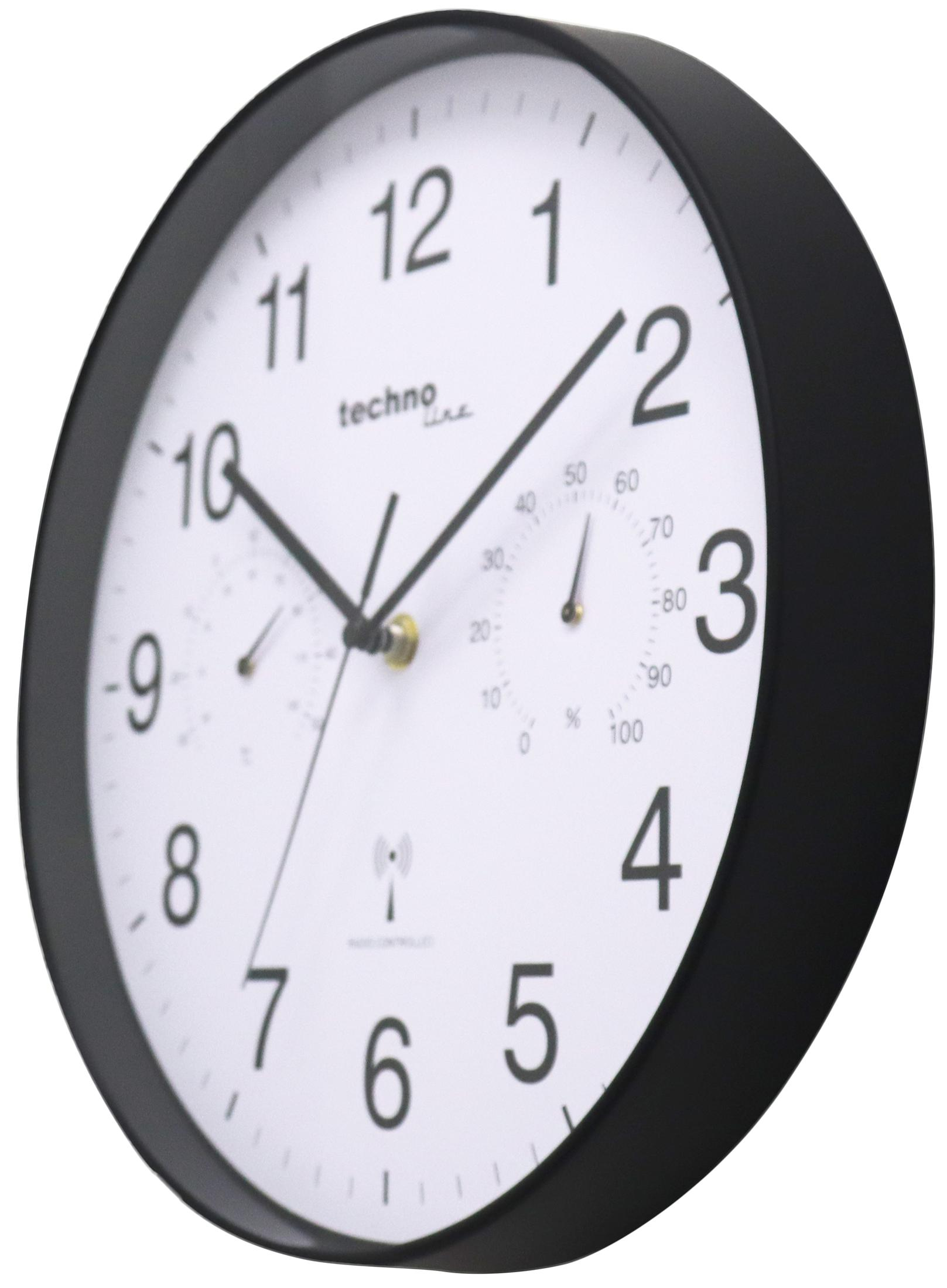 Schwarze Wanduhr mit weißem Zifferblatt, Zahlen und Zeigern. Sie hat eine schwarze Lünette.