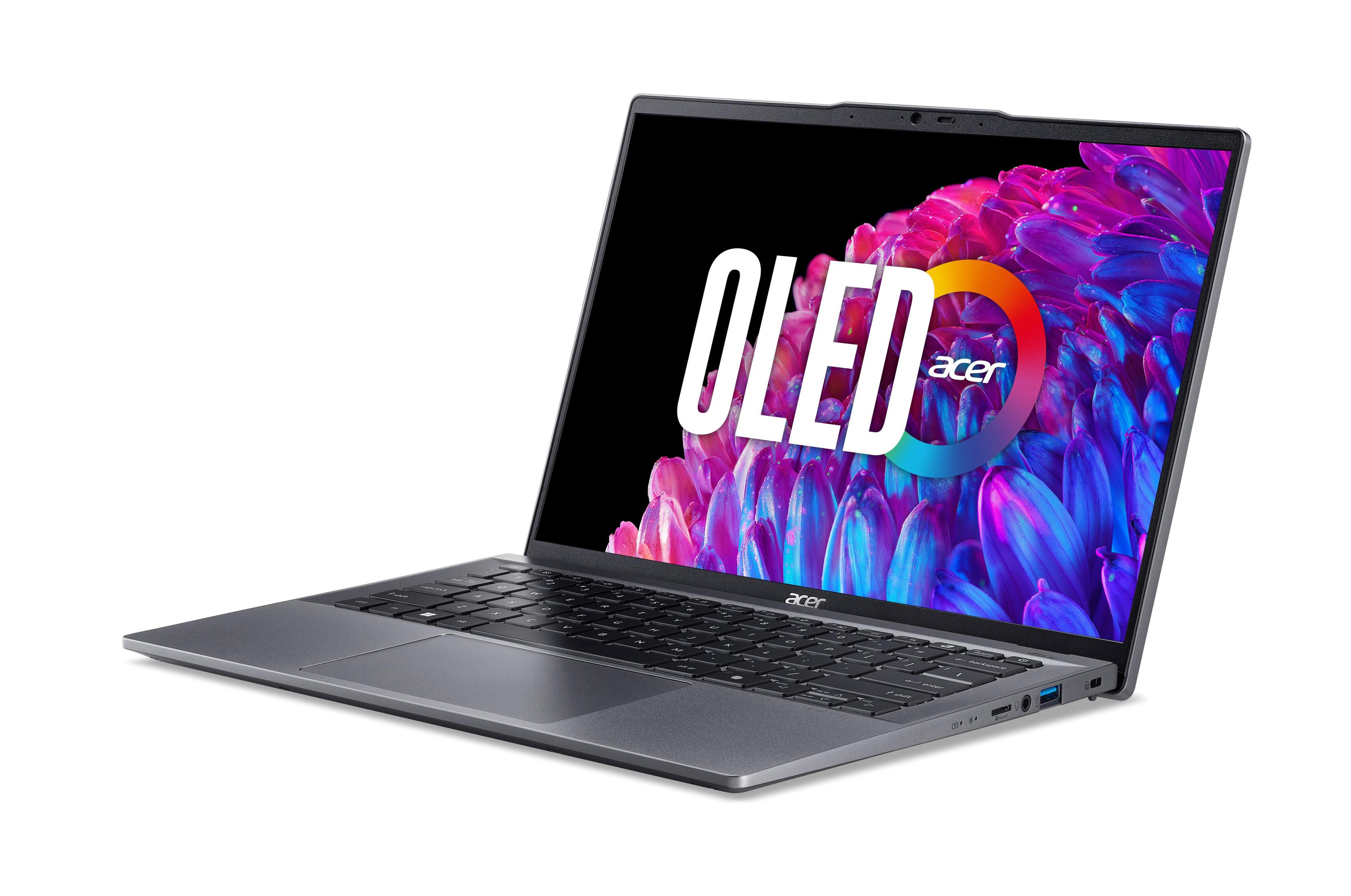 Grauer Acer-Laptop mit OLED-Bildschirm, der das Acer-Logo anzeigt.