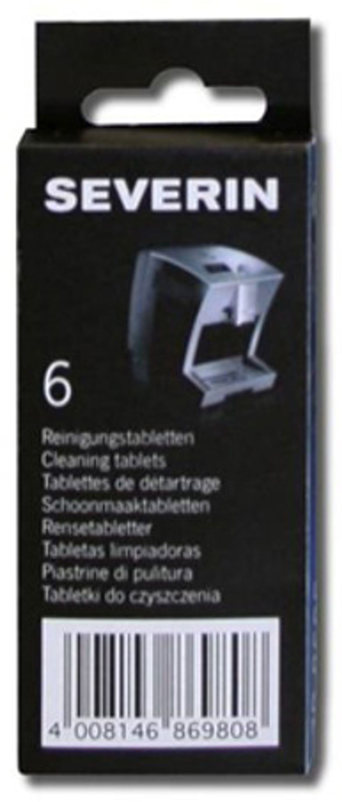 Schwarze Box mit der Aufschrift 'SEVERIN' und 'Reinigungstabletten'. Auf der Box ist ein Bild einer Maschine.