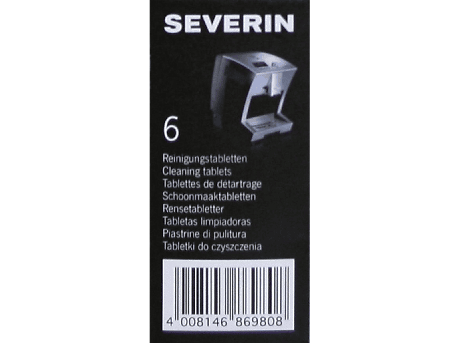 Schachtel mit Reinigungstabletten. Das Wort 'SEVERIN' steht oben.