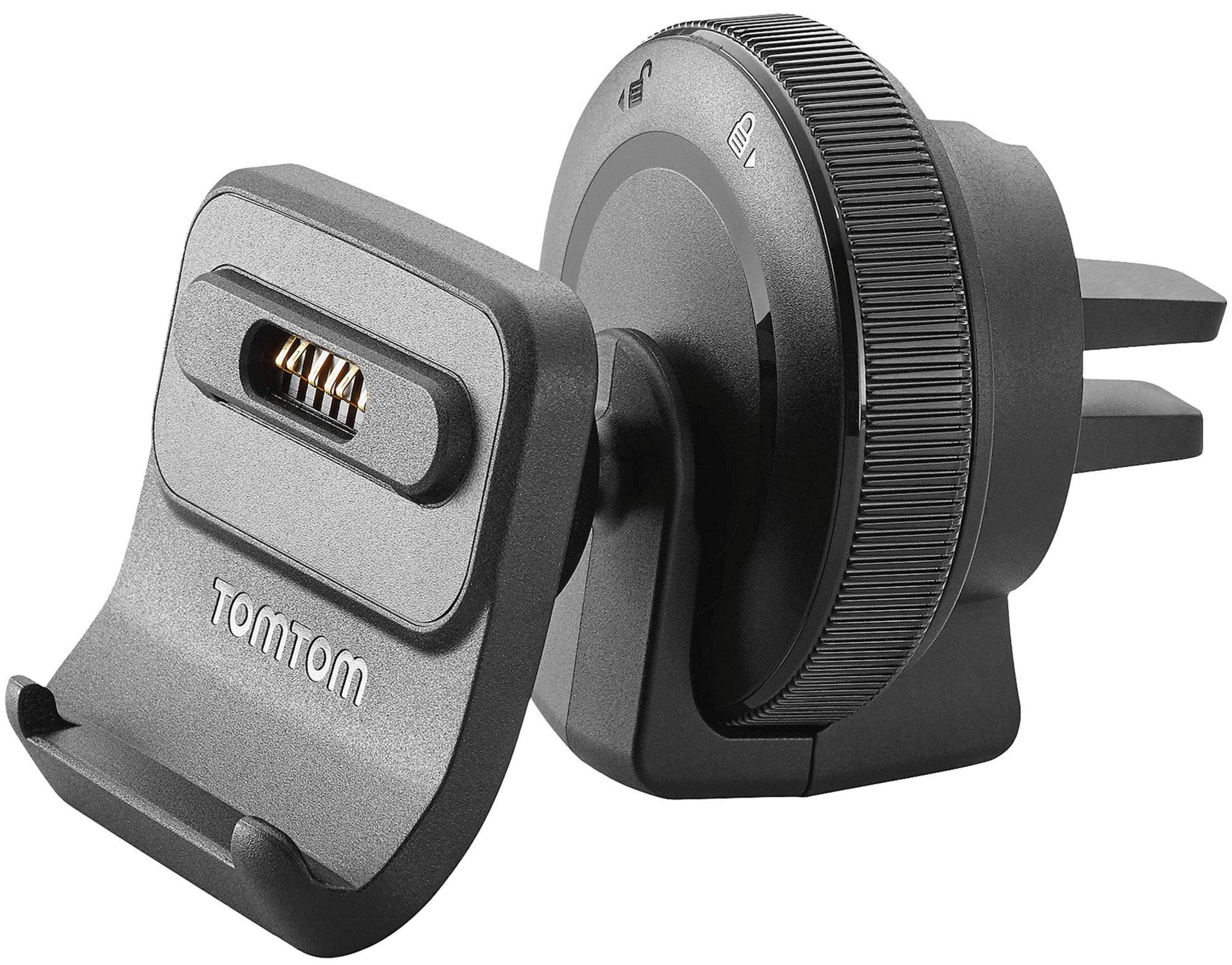 Czarny uchwyt samochodowy TomTom z portem ładowania i obrotowym pokrętłem regulacji.
