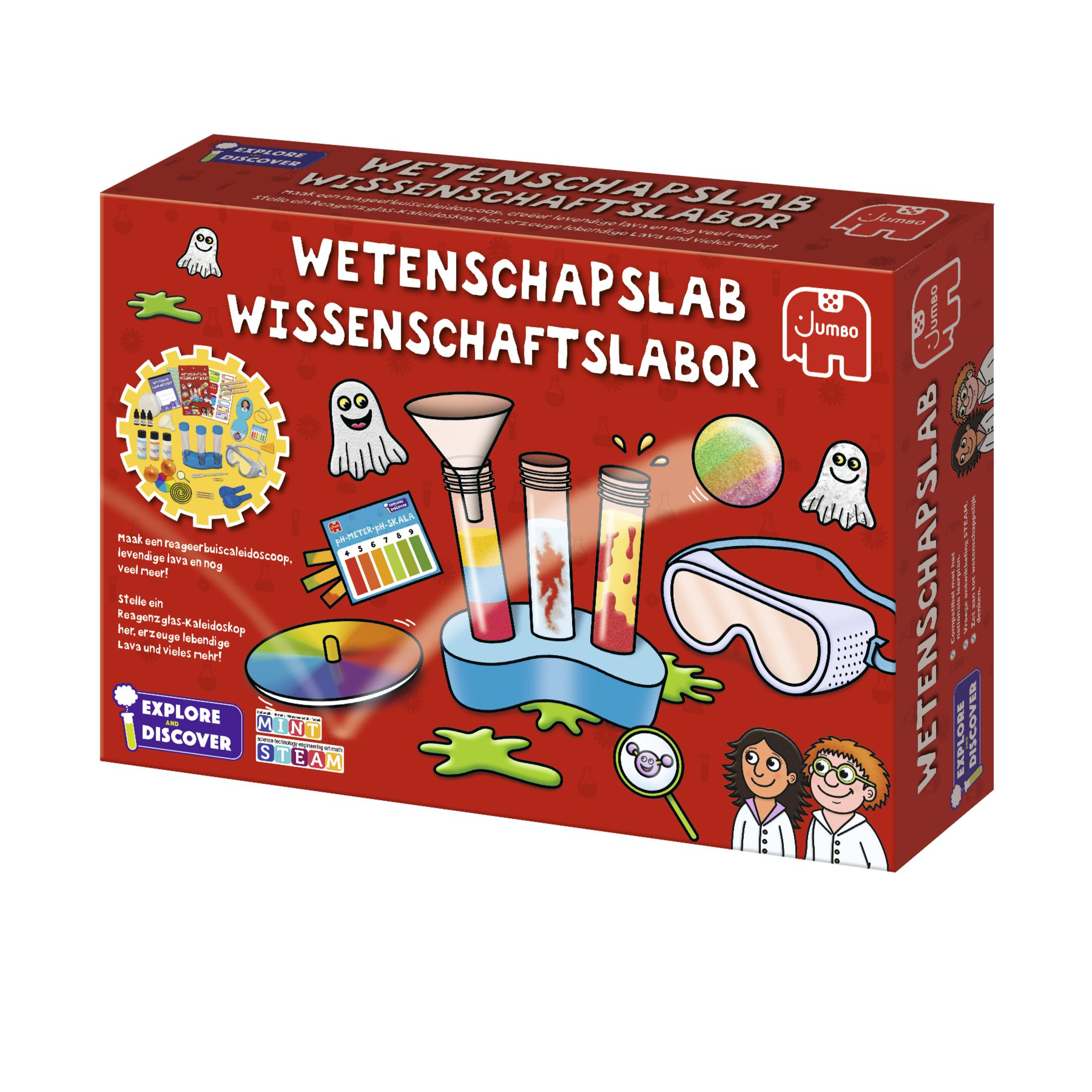 Eine Wissenschafts-Labor-Kit-Box mit Illustrationen von Experimenten und Werkzeugen.