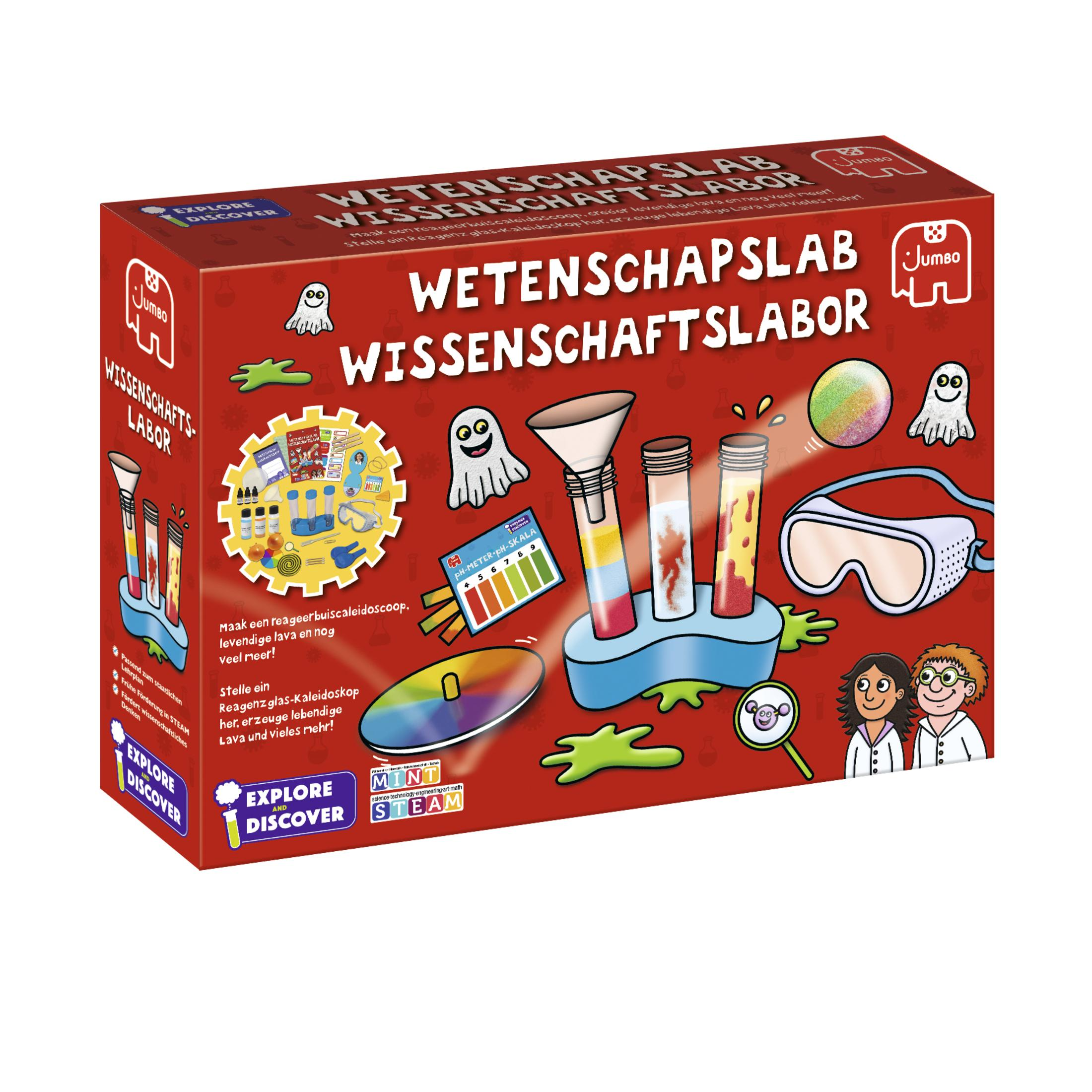 Box mit Wissenschaftskit-Artikeln. Die Box hat ein Bild von Laborgeräten und Cartoon-Geistern.