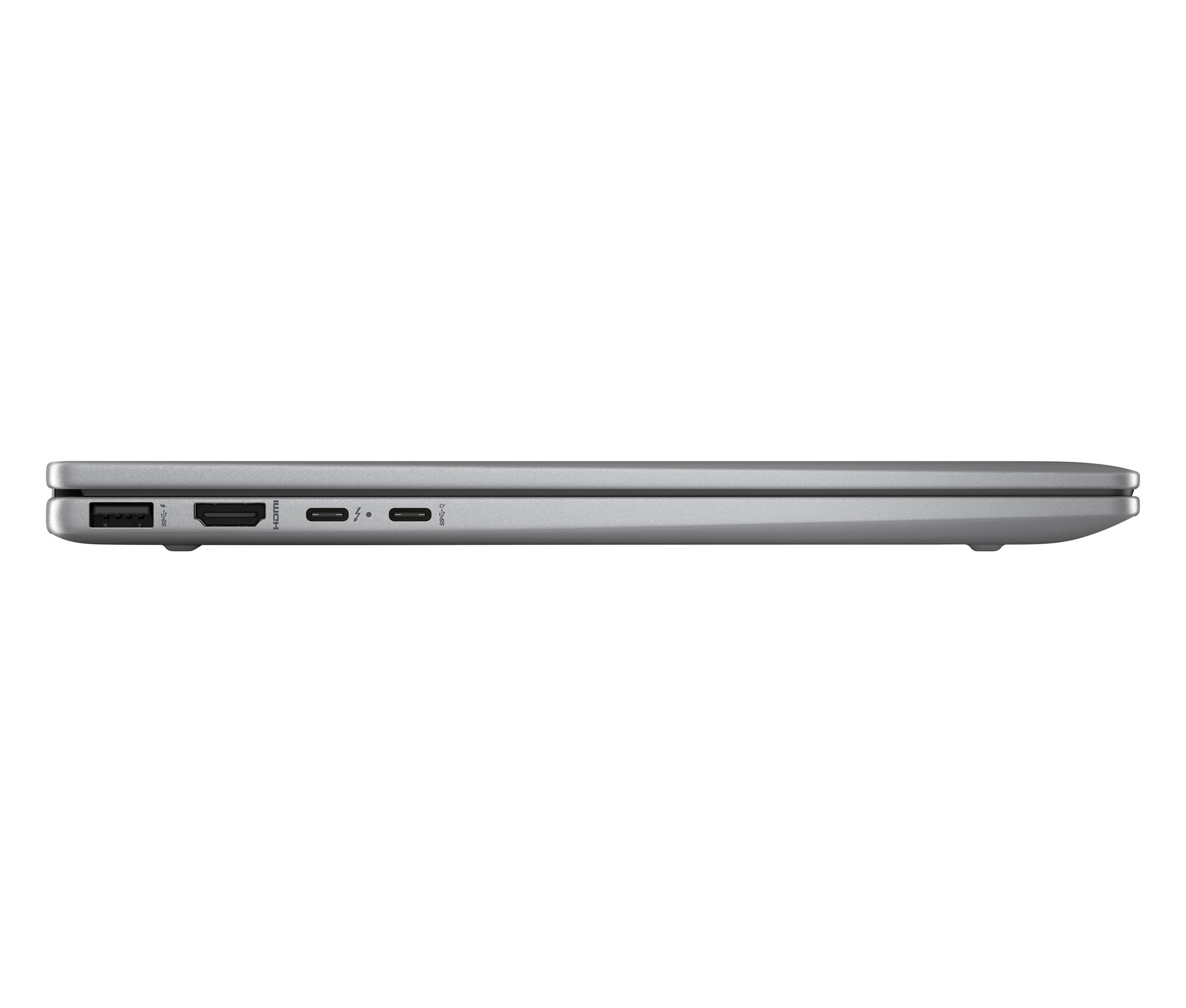 Seitenansicht eines silbernen Laptops mit Anschlüssen.