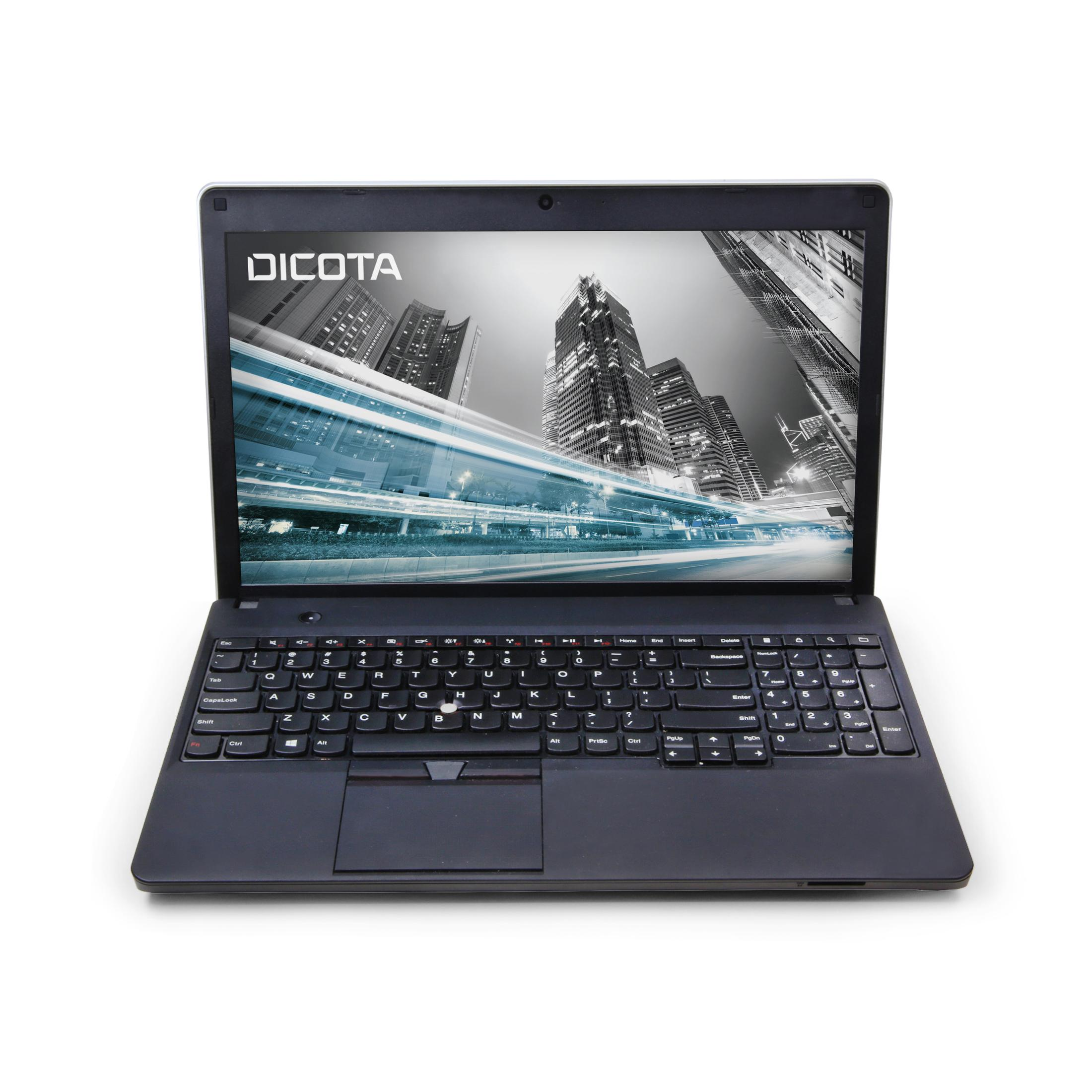 Laptop nero aperto con logo DICOTA, mostra la città, vista angolata, sfondo bianco.