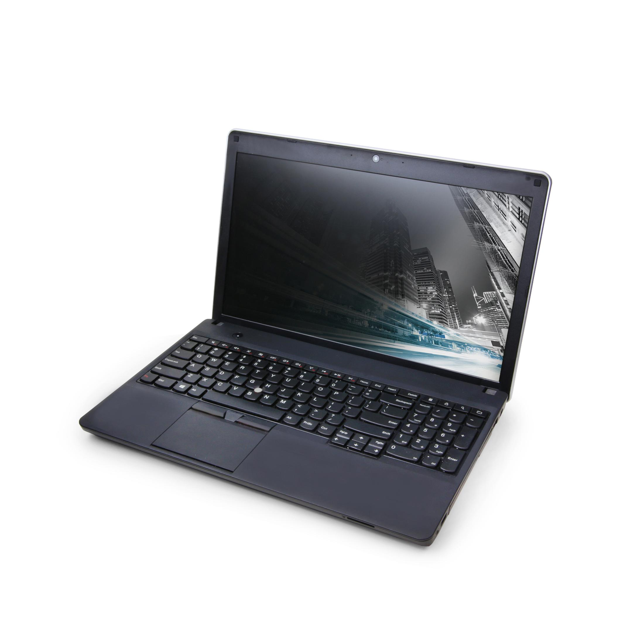 Laptop nero aperto con logo DICOTA, mostra immagine città, vista angolata, sfondo bianco.