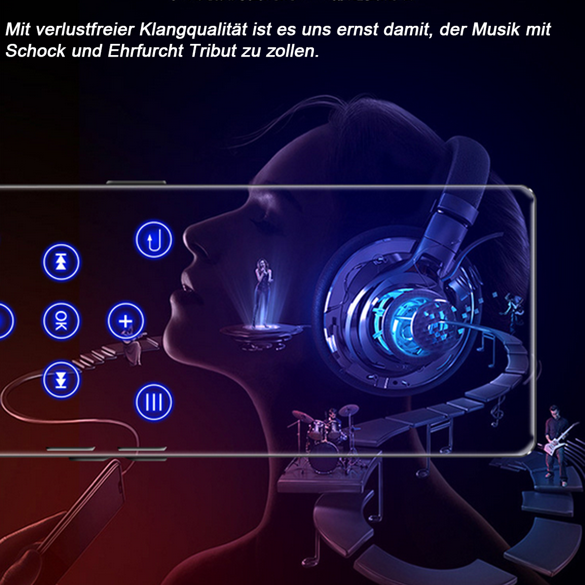 Bild mit Musikthema. Person mit Kopfhörern, schwebenden Noten und Lichteffekten.