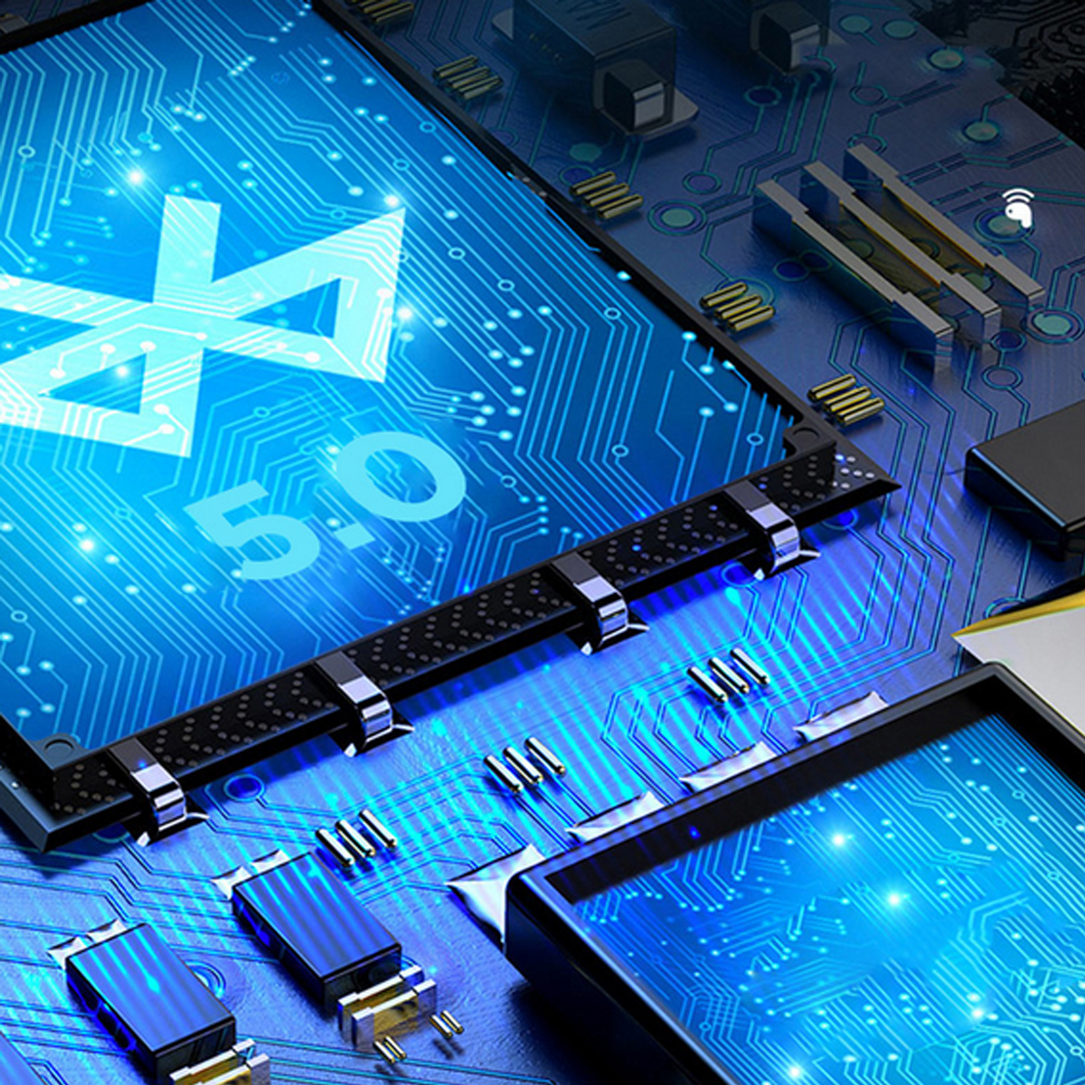 Nahaufnahme einer Platine mit Bluetooth 5.0 Logo und blauem Licht.