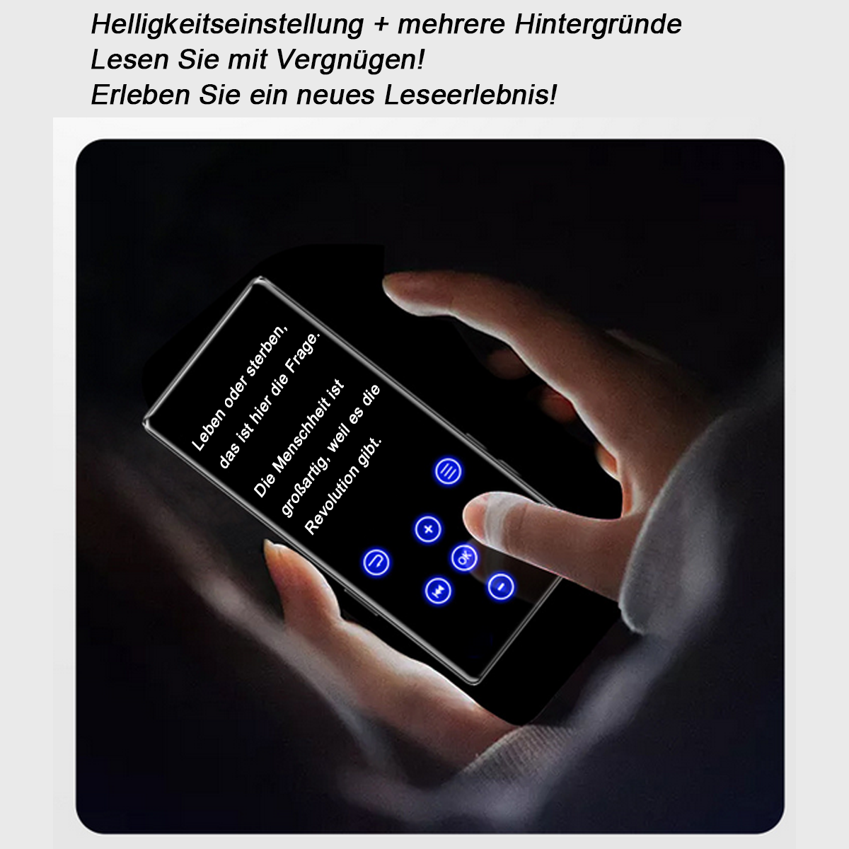 Die Hand einer Person berührt einen Bildschirm mit Text über Leben und Revolution. Auf dem Bildschirm befinden sich Touch-Tasten.