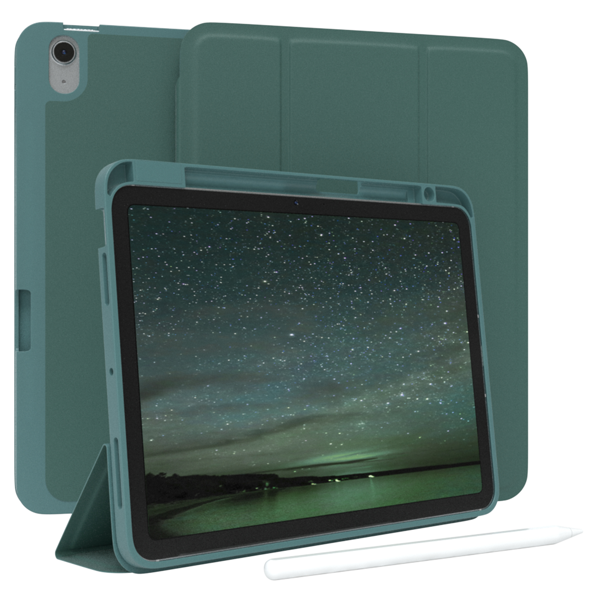 Türkisfarbenes Tablet mit Hülle, weißem Stift und Sternennacht-Display.