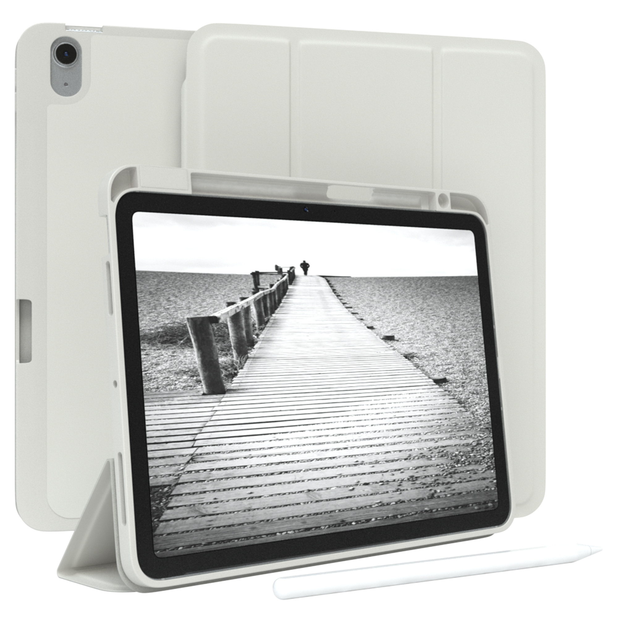 Weißes Tablet mit Strandszene auf dem Bildschirm. Weiße Hülle und Stift sichtbar.