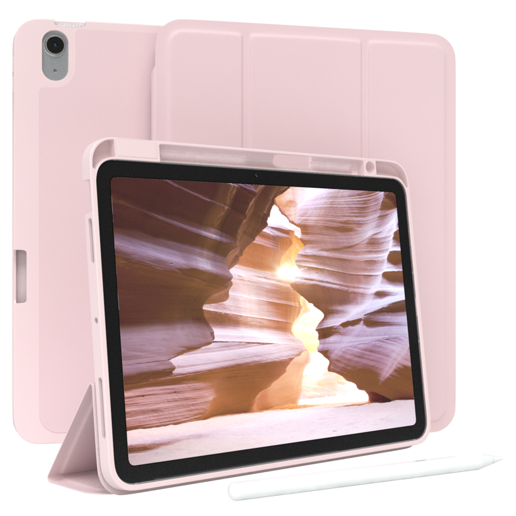 Ein rosa iPad in einer Hülle, mit Stift, vor einem Canyon-Hintergrund, mit einem Ständer.
