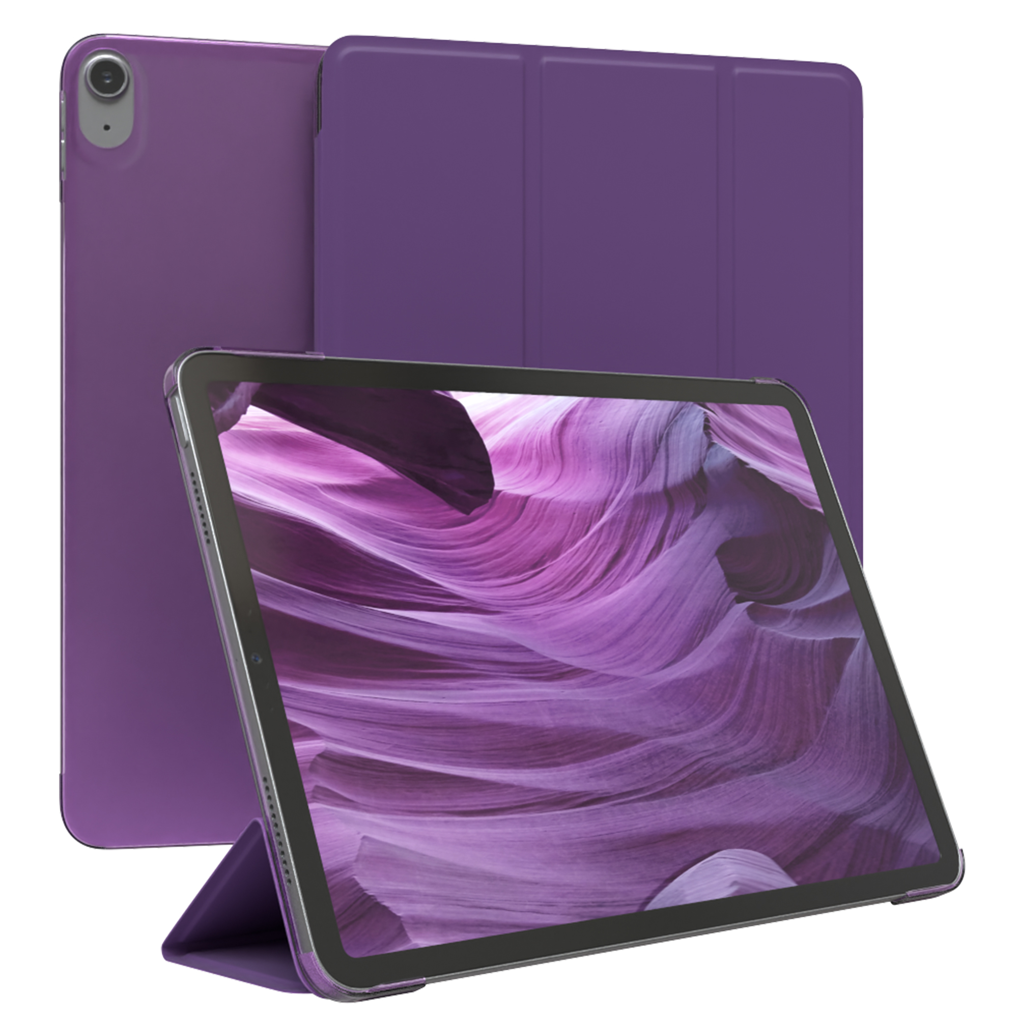 Lila Tablet mit geöffneter Hülle, zeigt ein Bild einer lila Felsformation auf dem Bildschirm.
