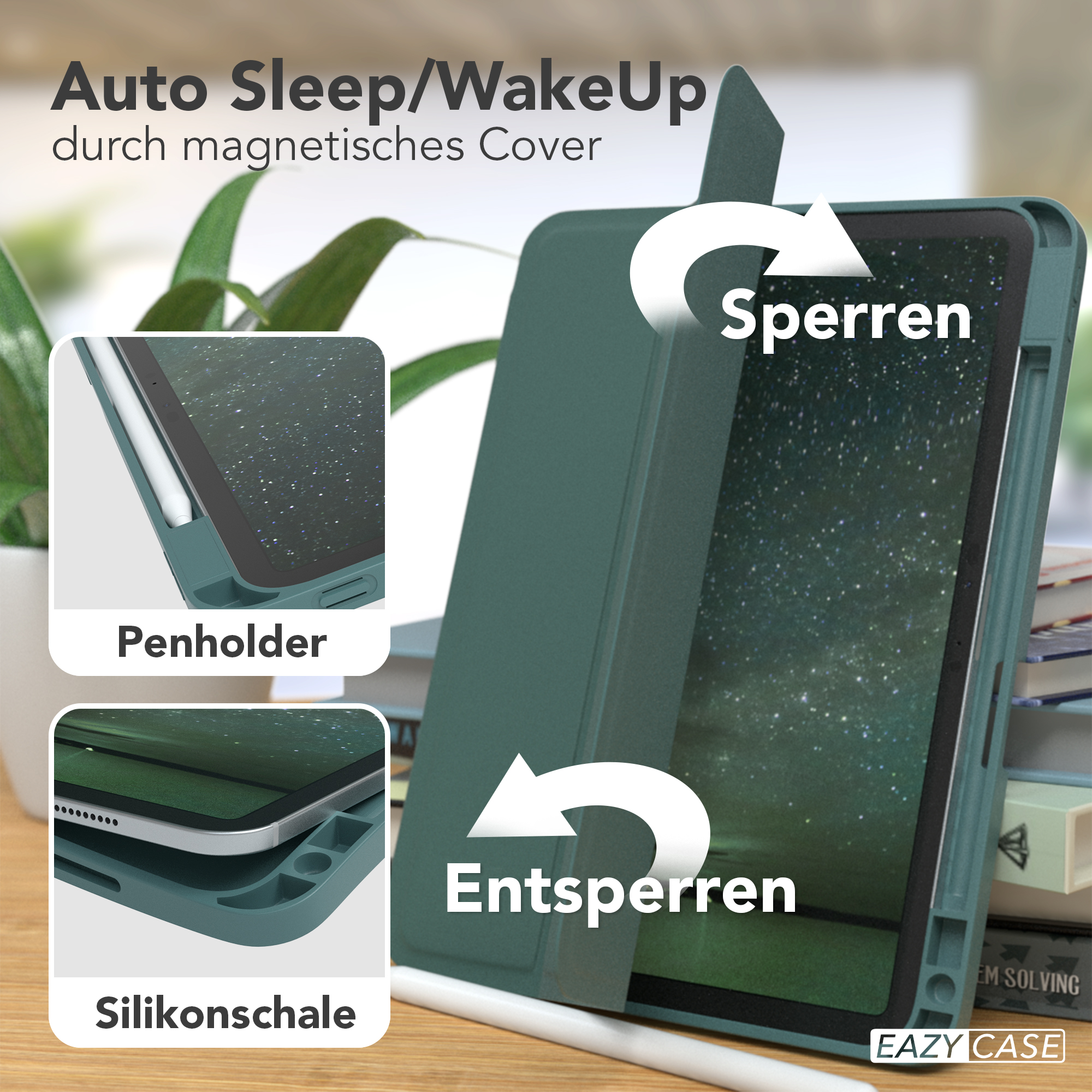 Grüne Tablethülle mit Magnetverschluss. Zeigt Stifthalter und Tablet innen.