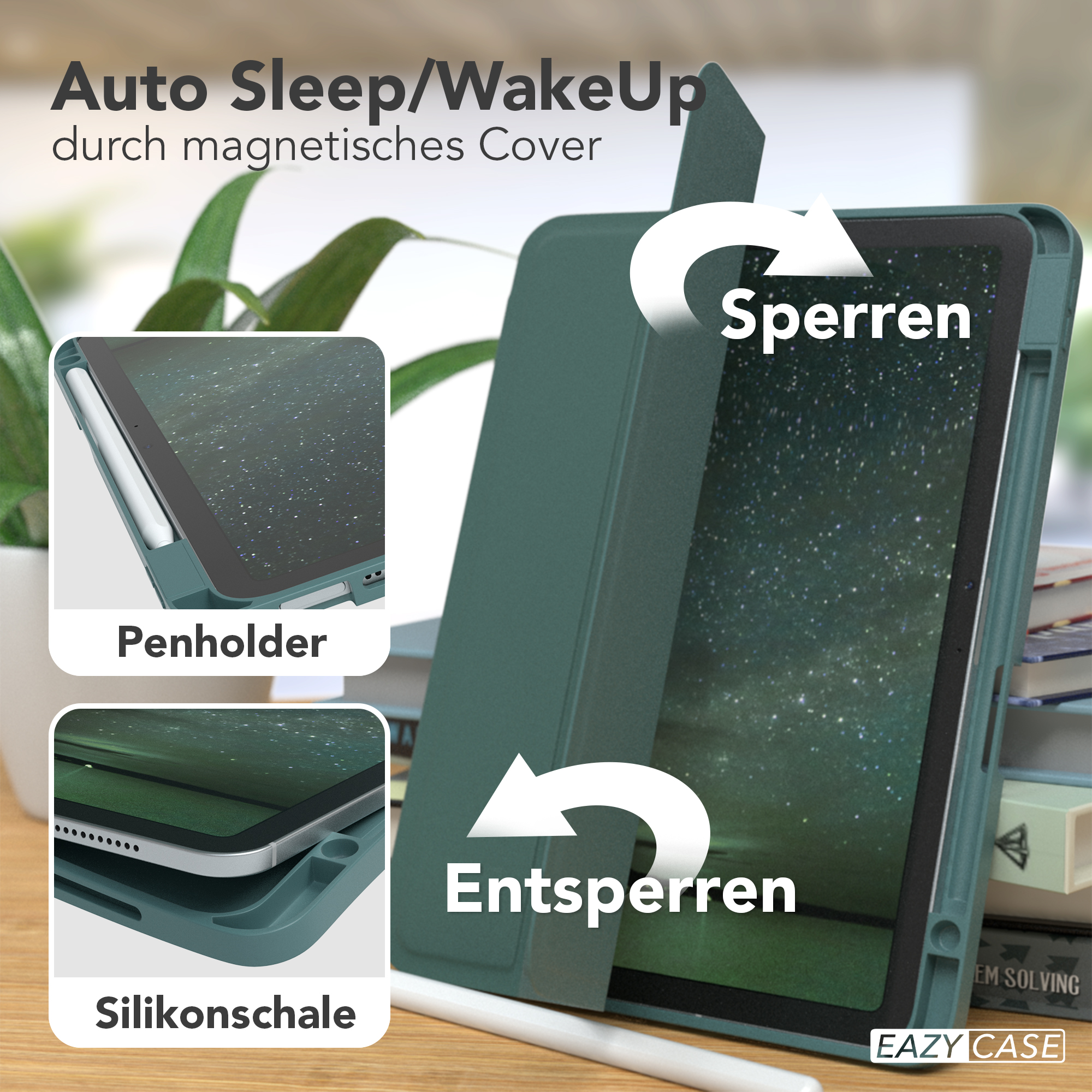 Ein iPad in einem grünen Gehäuse mit Textbeschriftungen und geöffnetem Bildschirm.