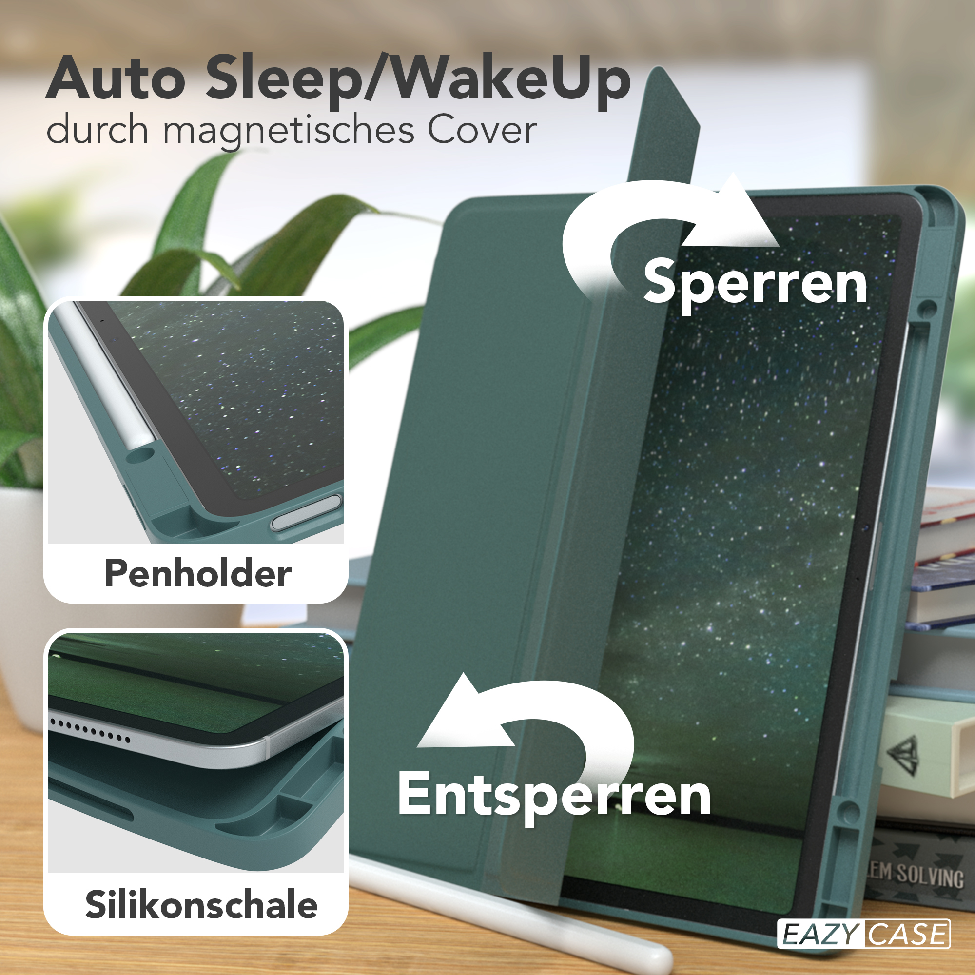 Grüne Tablethülle mit Stifthalter und Silikonhülle, mit Öffnungs-/Schließpfeilen.