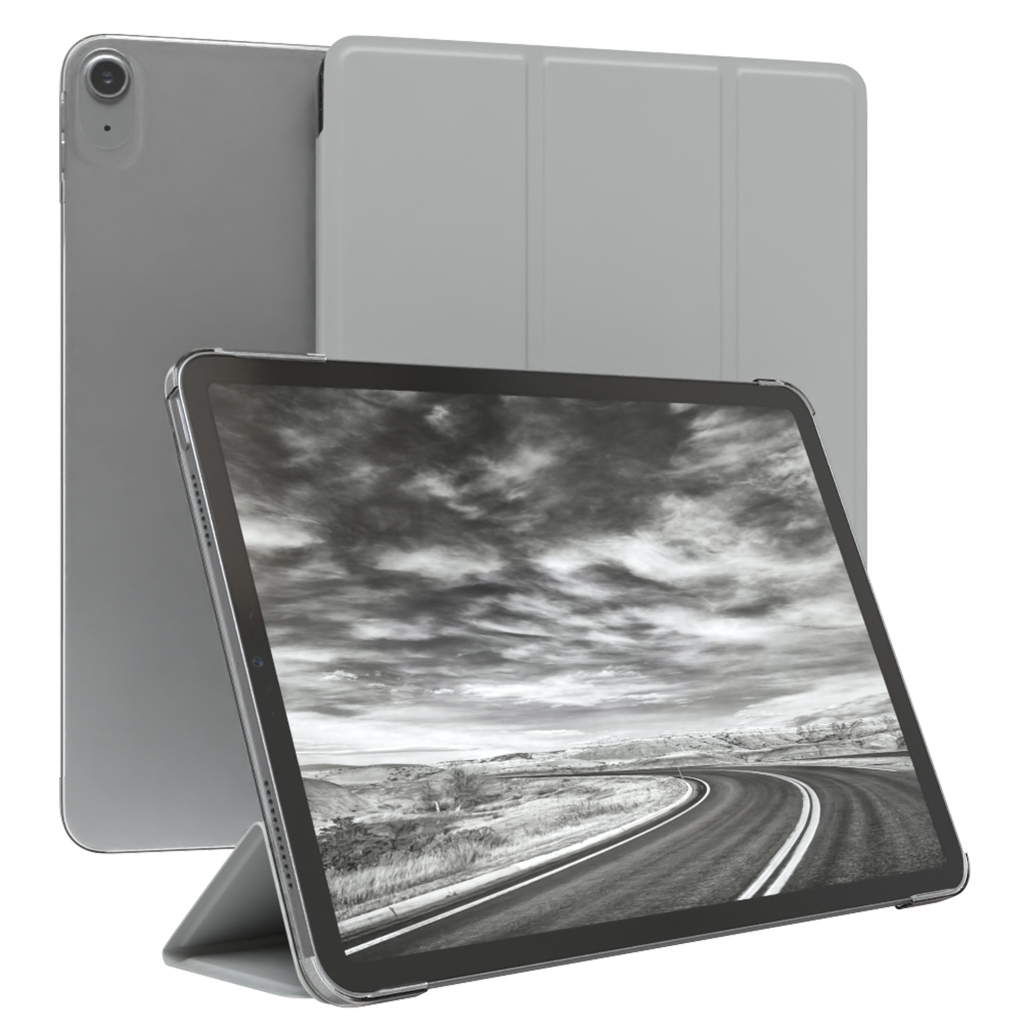Silbernes Tablet mit Hülle. Der Bildschirm zeigt eine schwarz-weiße Landschaft mit Straße.