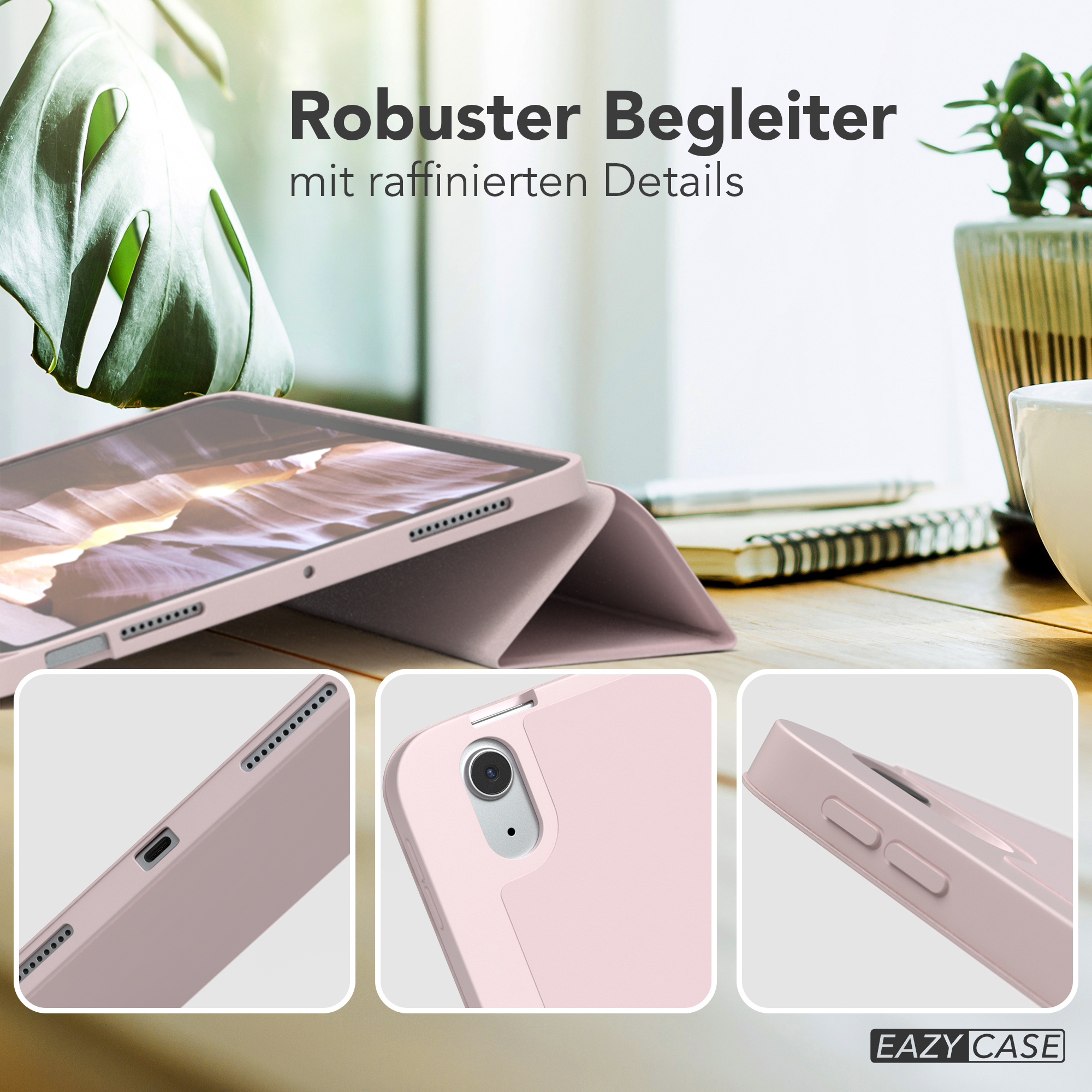 Nahaufnahme eines rosa Tablet-Cases mit Stift und Titel: Robuster Begleiter. Details gezeigt.